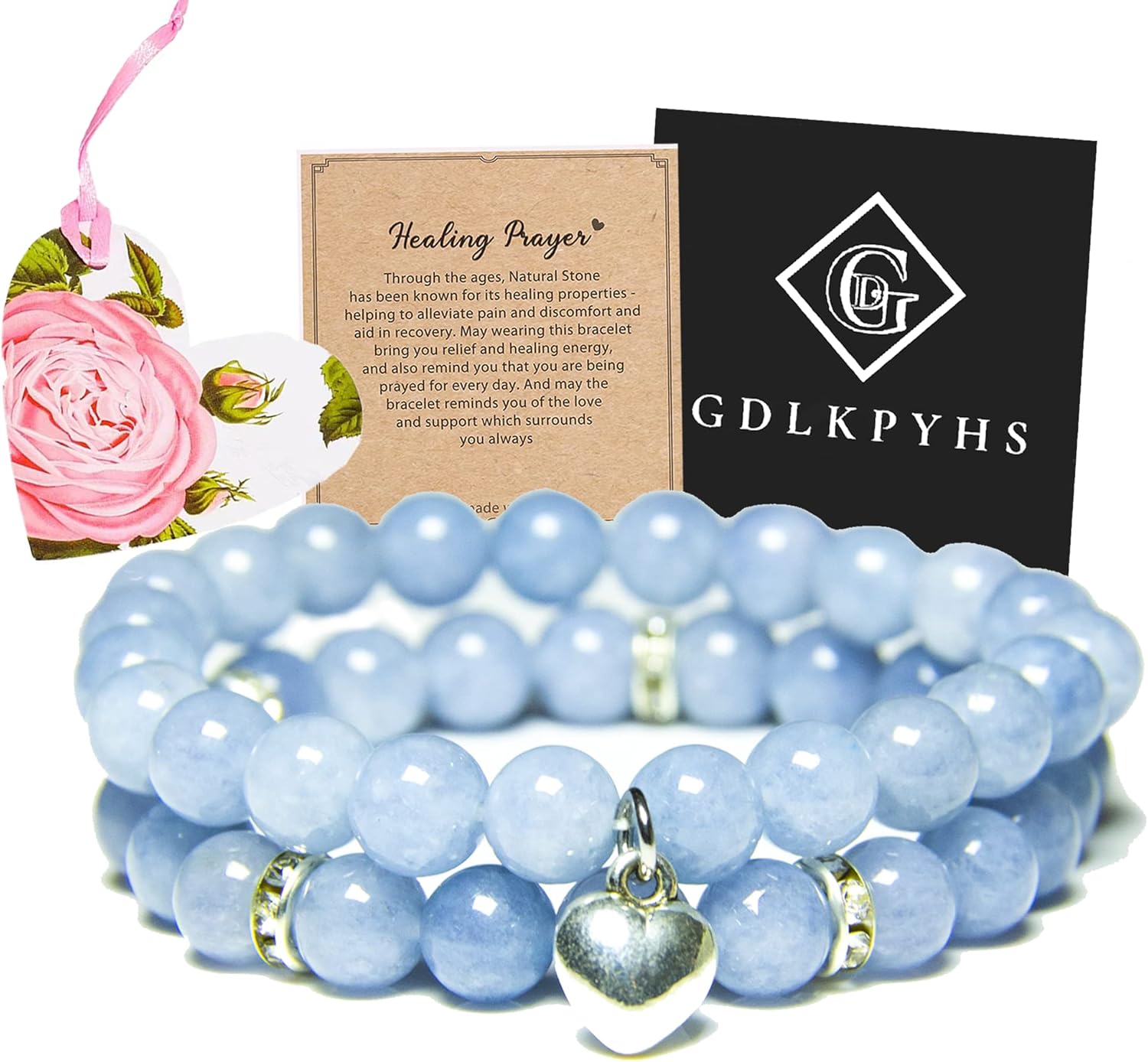 2Pcs Healing Crystal Bracelets for Women Handmade Beaded Bracelet Healing Prayers Crystal 8mm Natural Stone Beads Bracelet Stress Relief Get Well Soon Gifts