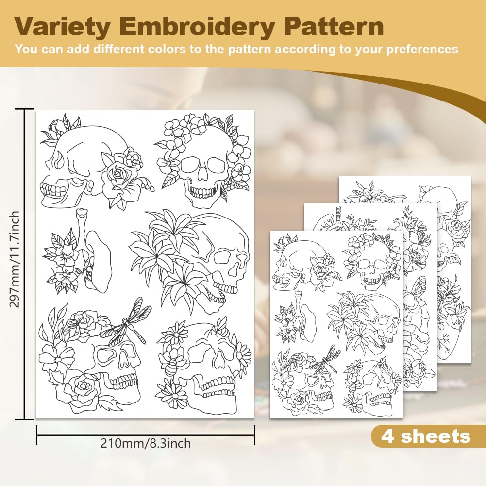 DOODLREAM 21Pcs Flower Skull Embroidery Pattern Stabilizer, 8.3