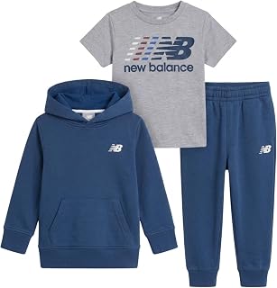 New Balance Toddler & Small Boys 3-Piece Sweatsuit, Hoodie Tee & Jogger | Soft Cotton Blend Fleece, Pullover Sweatshirt, Kangaroo Pocket, Ribbed Cuffs, Crewneck Tee, Kids Active Sweatpants