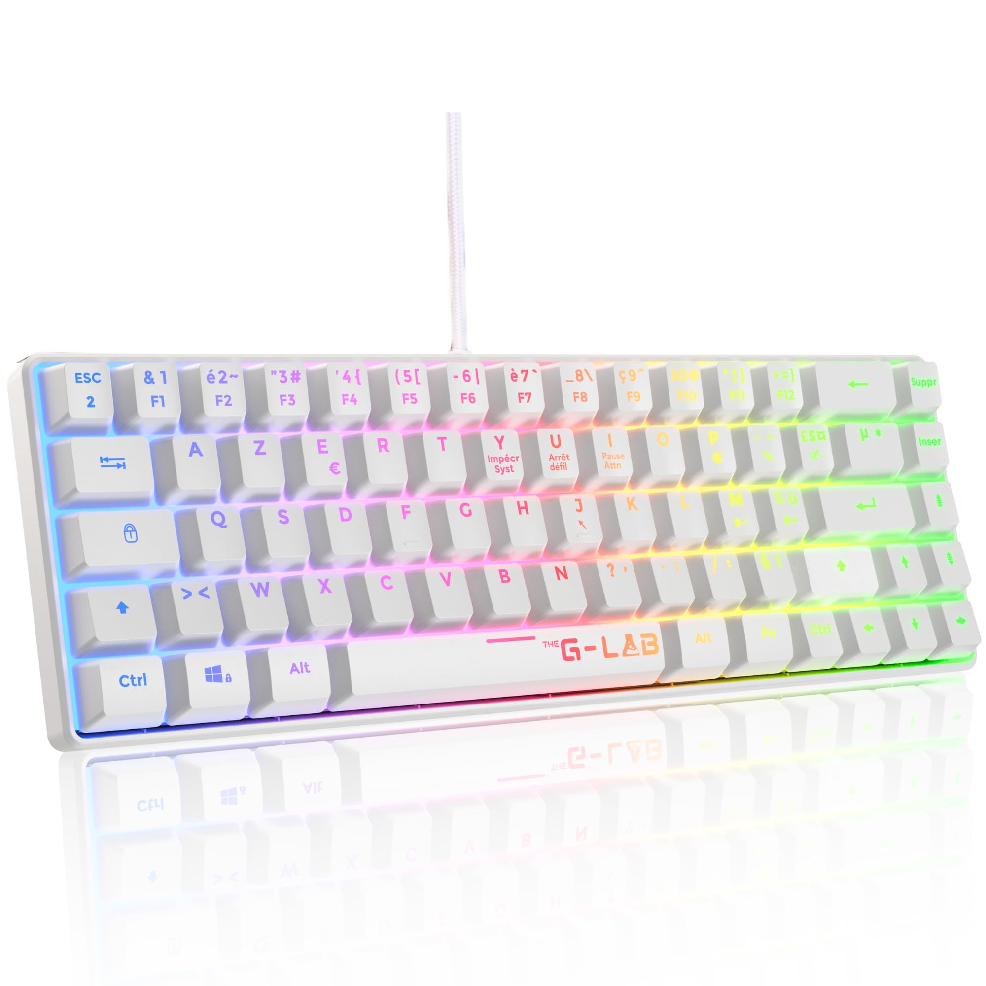 The G-​Lab Keyz Hydrogen, Clavier Gamer 60%, Semi-​mécanique Filaire Azerty, Rétroéclairage Multicolore- Mini Clavier Gamer Silencieux, Format Compact TKL - PC/​PS5 (Blanc)