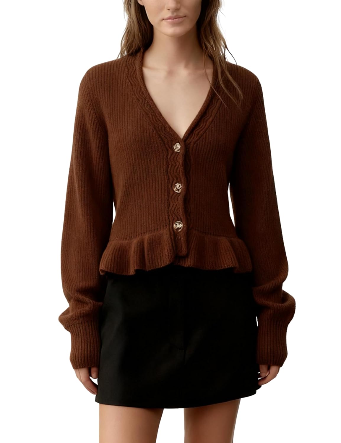 Bianstore Womens Casual Long Sleeve V-Neck Cardigan Sweater Lightweight Ruffled Hem Button Down Knit Outwear