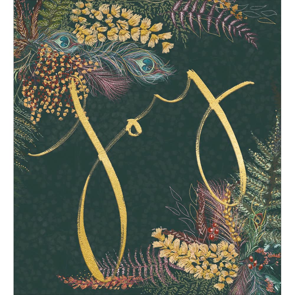 Woodmansterne Artistic Charity Christmas Cards, 'Joy' Peacock Feathers & Foliage with Foil Details, Eco-Friendly & Recyclable