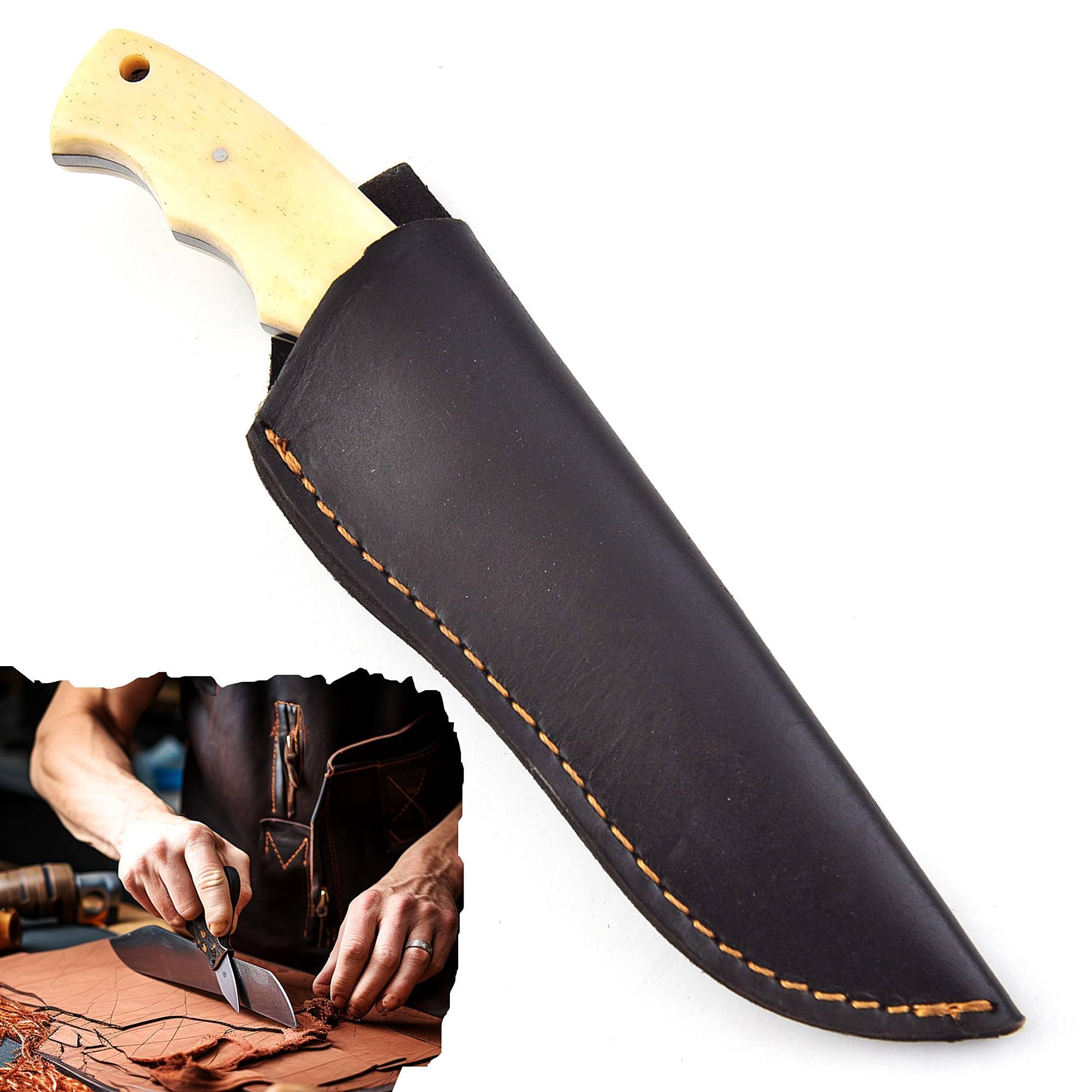 Handgefertigtes Jagd Messer mit Lederscheide zum Häuten, Camping, Outdoor 6213 (Knohen)