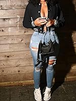 ThusFar Women's Distressed Denim Cropped Jacket - Puff Sleeve, Ripped Pockets, Vintage Washed Button-Up Jean Coat