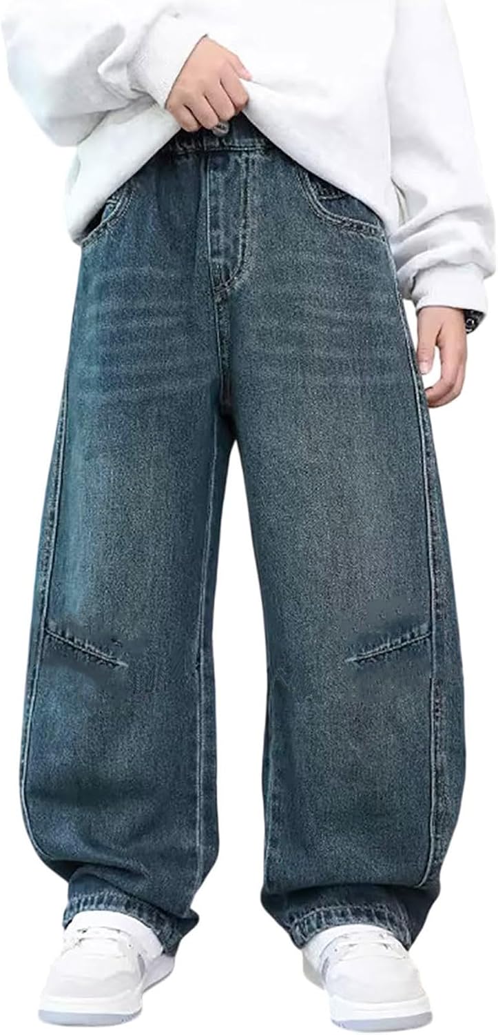 Boys Baggy Jeans Youth Wide Leg Pants Barrel Pants with Pocket Fall Outfits