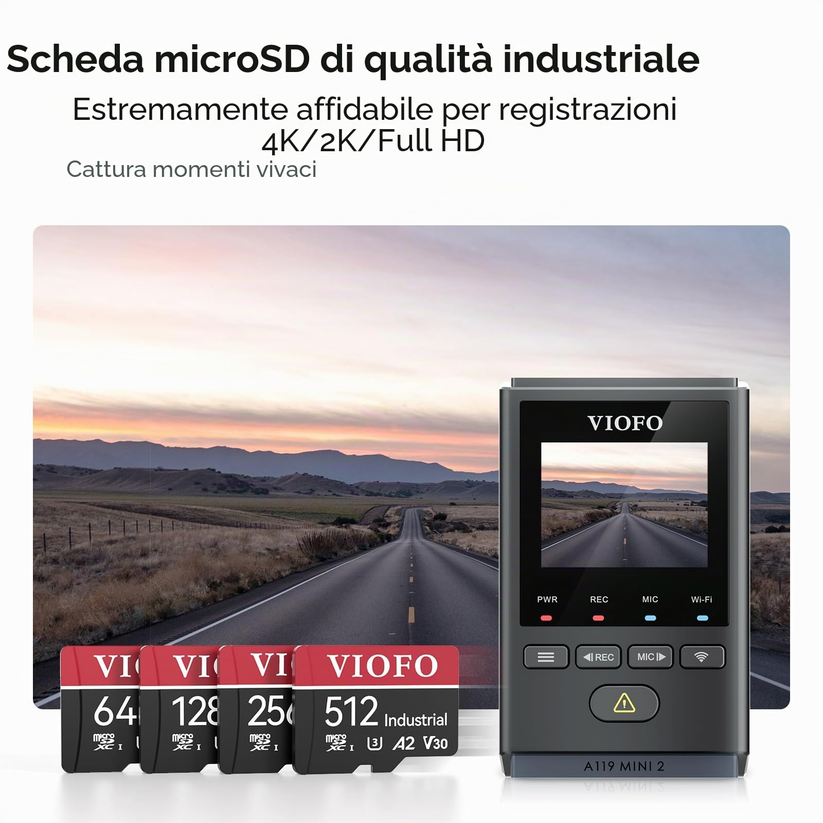 VIOFO Scheda microSD da 512 GB di qualità industriale, U3 A2 V30 ad alta velocità con adattatore, per registrazione video Ultra HD 4K, per dashcam, action camera, smartphone Android, tablet