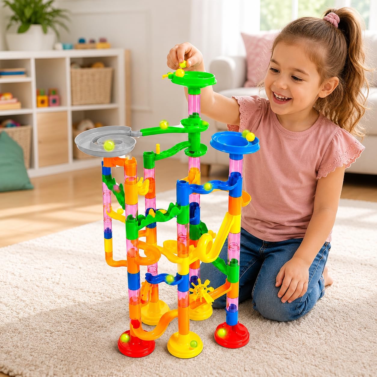 Glow in the Dark Marble Run Building Set, 70+ Piece Construction Track Toy with Marbles, Chutes, Twists and Turns, Creative Marble Maze Toy for Children Age 3+