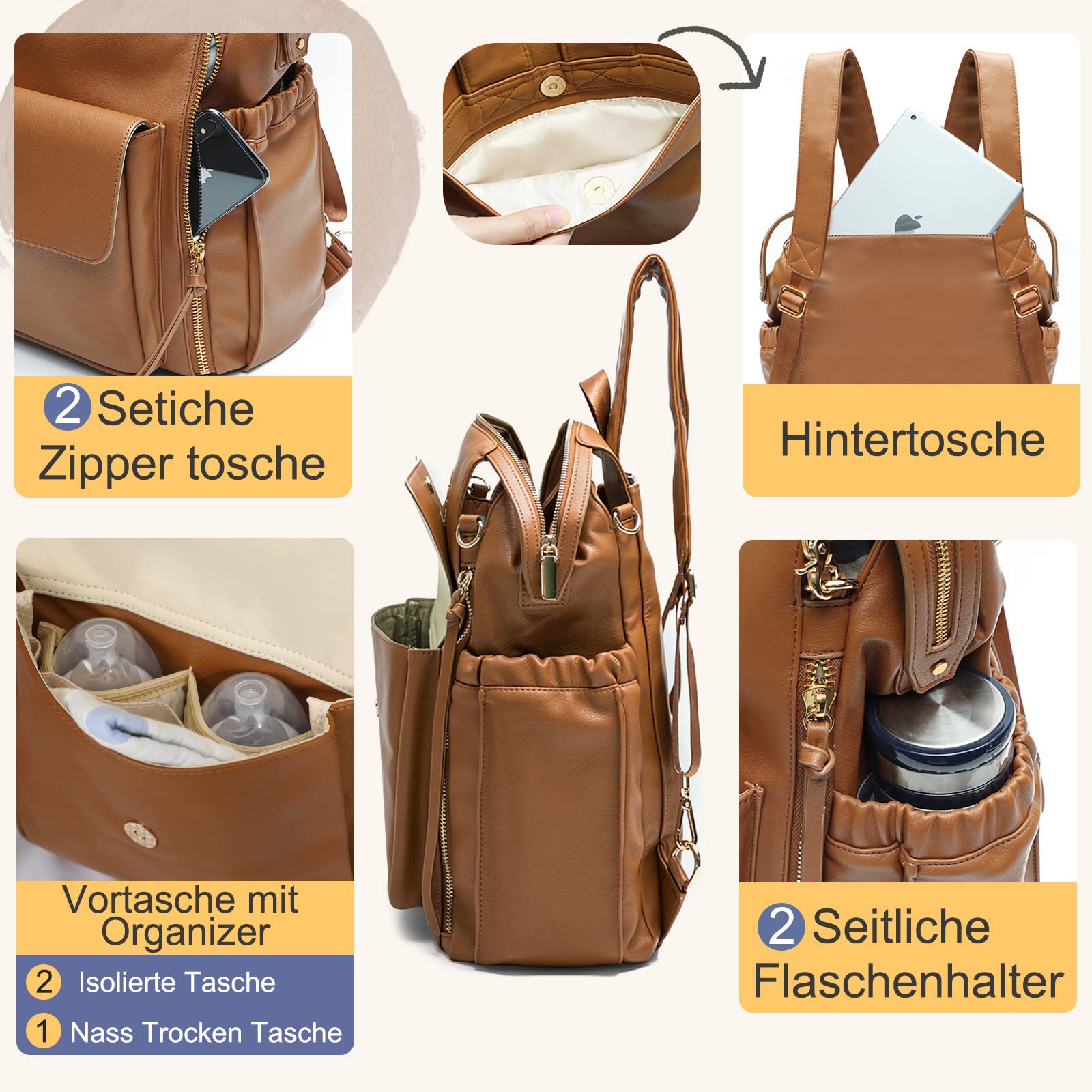 MISS FONG Wickelrucksack Wickeltasche Babytaschen Rucksack Groß Leder Baby Rucksack Kinderwagen Mom Mummy Bag Windeltasch Mit Wickelunterlage Unterwegs Schwarz Lässig Braun