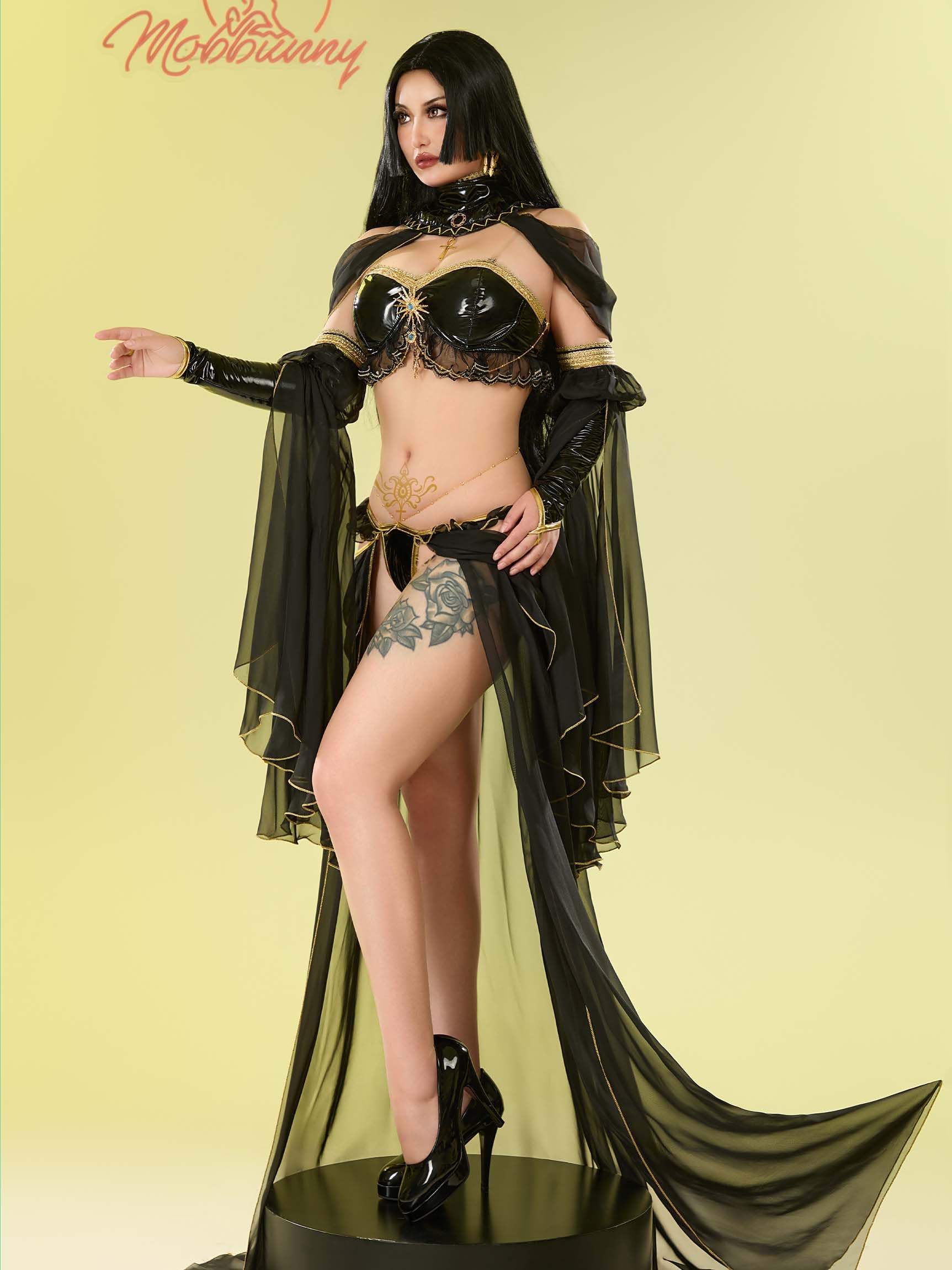 Mobbunny Women Anime Cosplay Sexy Costume Black Top Thong and Chiffon Skirt Egyptian Costume with Sleeves and Chain Halloween: X-Large Black