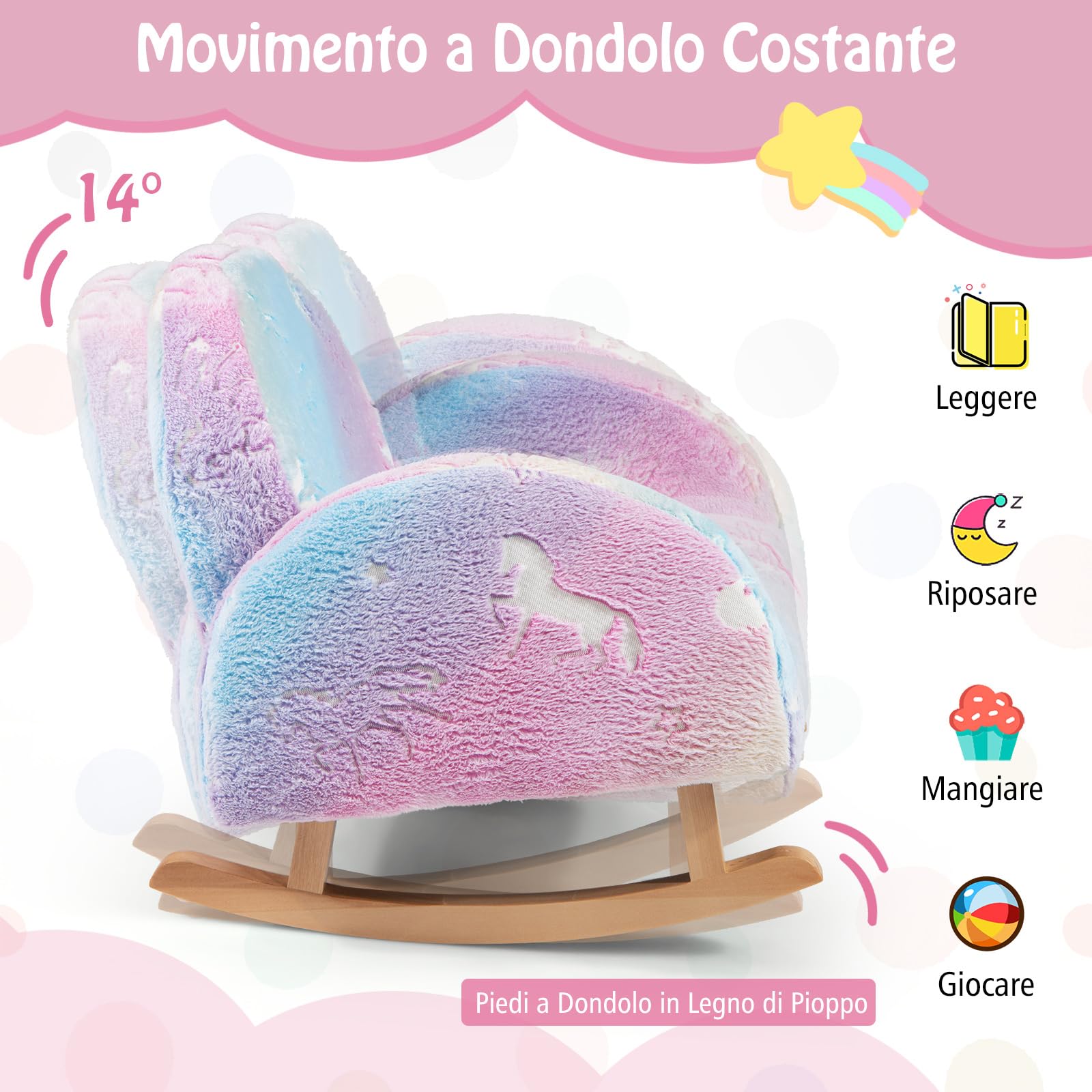 COSTWAY Sedia Dondolo per Bambini da 3 a 5 Anni, Poltrona in Flanella con Gambe in legno, Motivi che si Illuminano al Buio, per Cameretta e Soggiorno, 50 x 48 x 46 cm