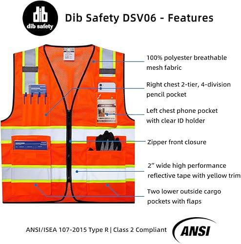 Miniatura 5 de Dib Safety Chaleco de malla reflectante de alta visibilidad, dos tonos con bolsillos y cremallera, cumple con ANSI Clase 2, malla naranja con ribete