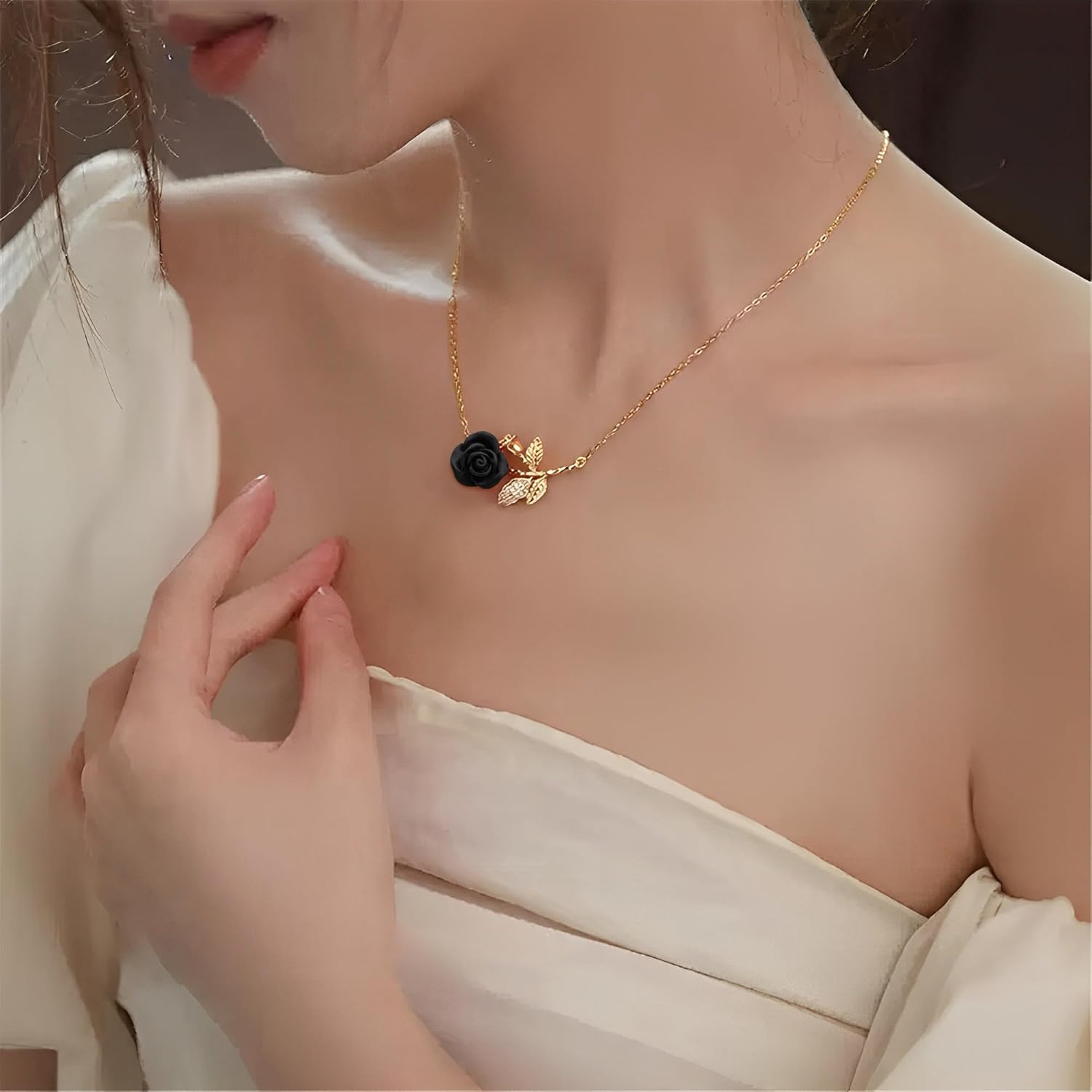 Elegant Rose Flower Pendant Necklace for Women Stainless Steel Gold Plated Crystal Leaf Blossom Charms Choker Chain Adjustable Necklaces Dainty Wedding Birthday Jewelry 18" - Image 3