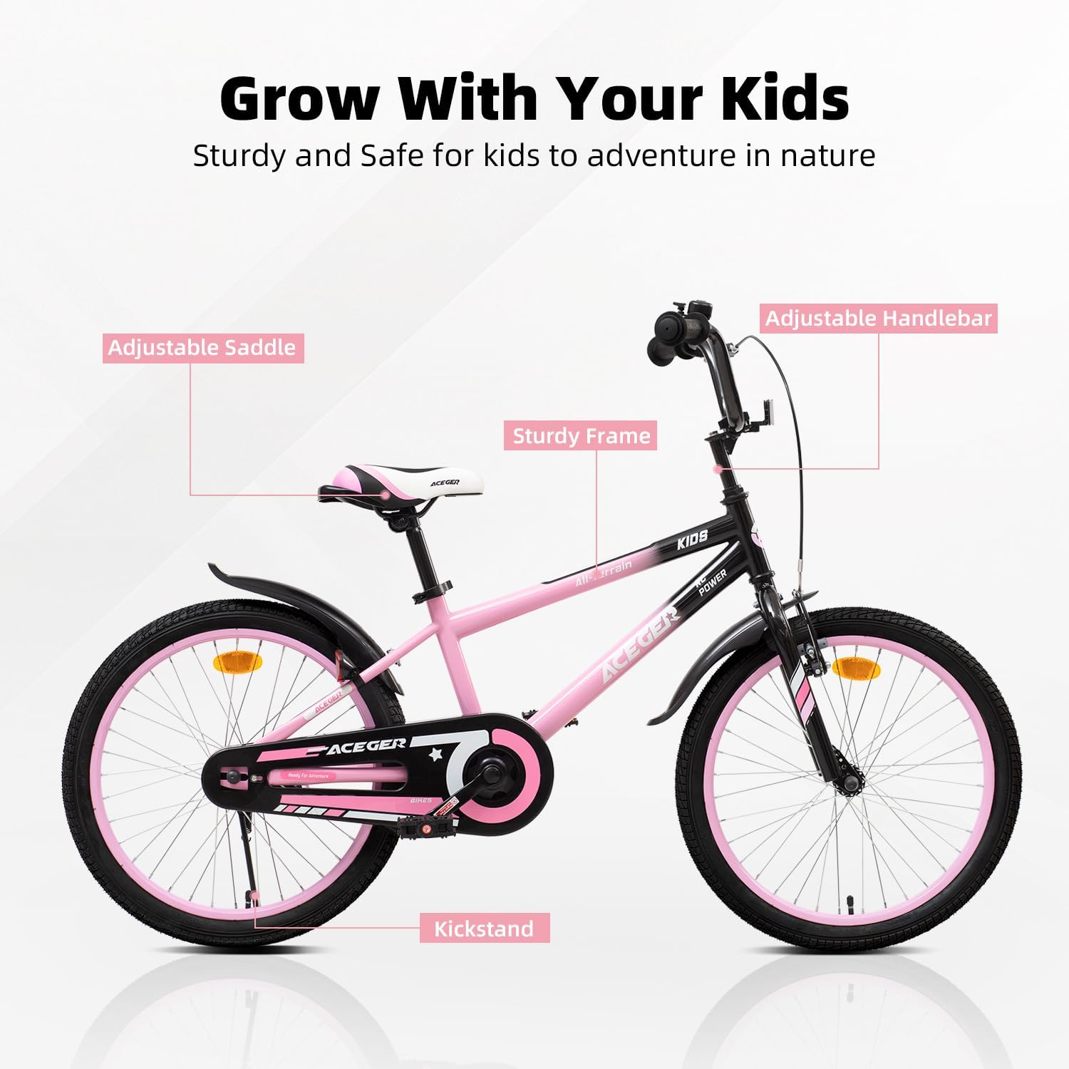 aceger simon kids bike for boys girls toddlers, unisex for aged 3-13 years, 12 14 16 18 inch children bicycle with training wheels, 20 inch bike with kickstand pink 20" with kickstand