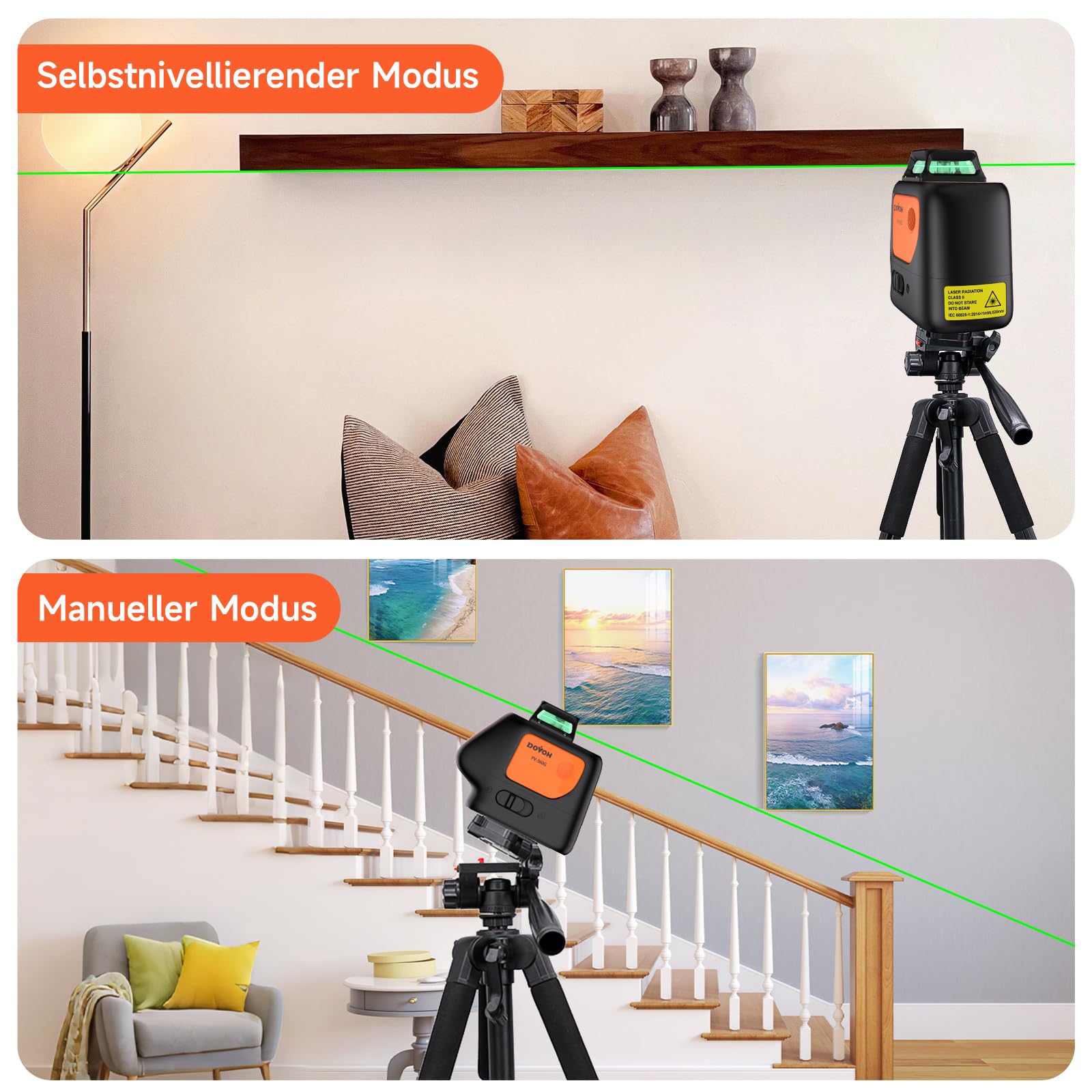 Kreuzlinienlaser mit 2 Lotpunkten, DOVOH Laser mit Stativ PV-360G-KIT
