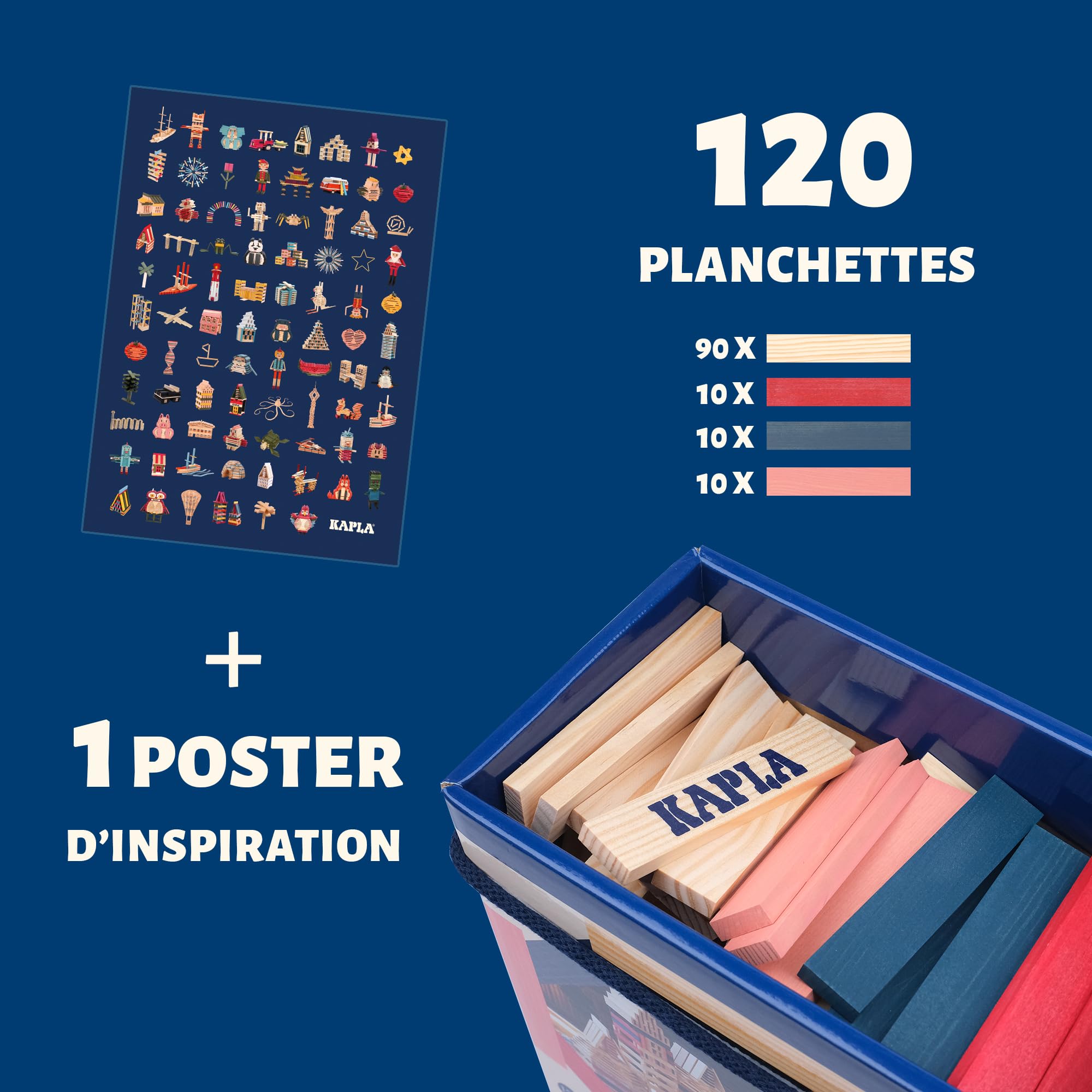 KAPLA® - Baukasten mit 120 Holzplättchen (90x Natur, 10x dunkelblau, 10x rosa, 10x rot), Konstruktionsspiele, Bausteine & Holzspielzeug, ab 2 Jahren