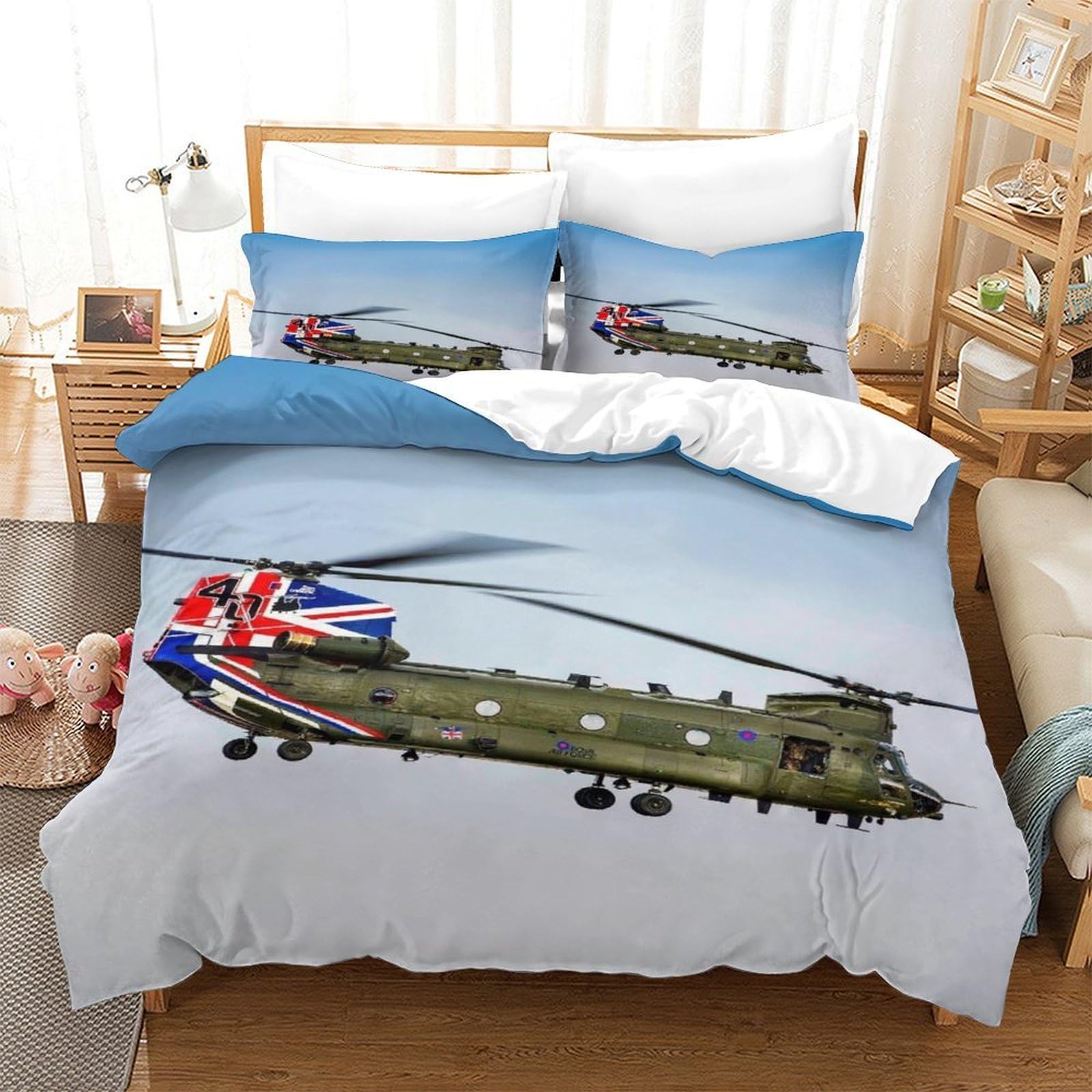 Hypoallergenic Bedding Set Chinook With The Union Jack, Cozy Bedspread 3D Printed Military Helicopter Quilt Cover Double（200x200cm）, Microfiber Duvet Cover for Kids & Adults with Pillowcase