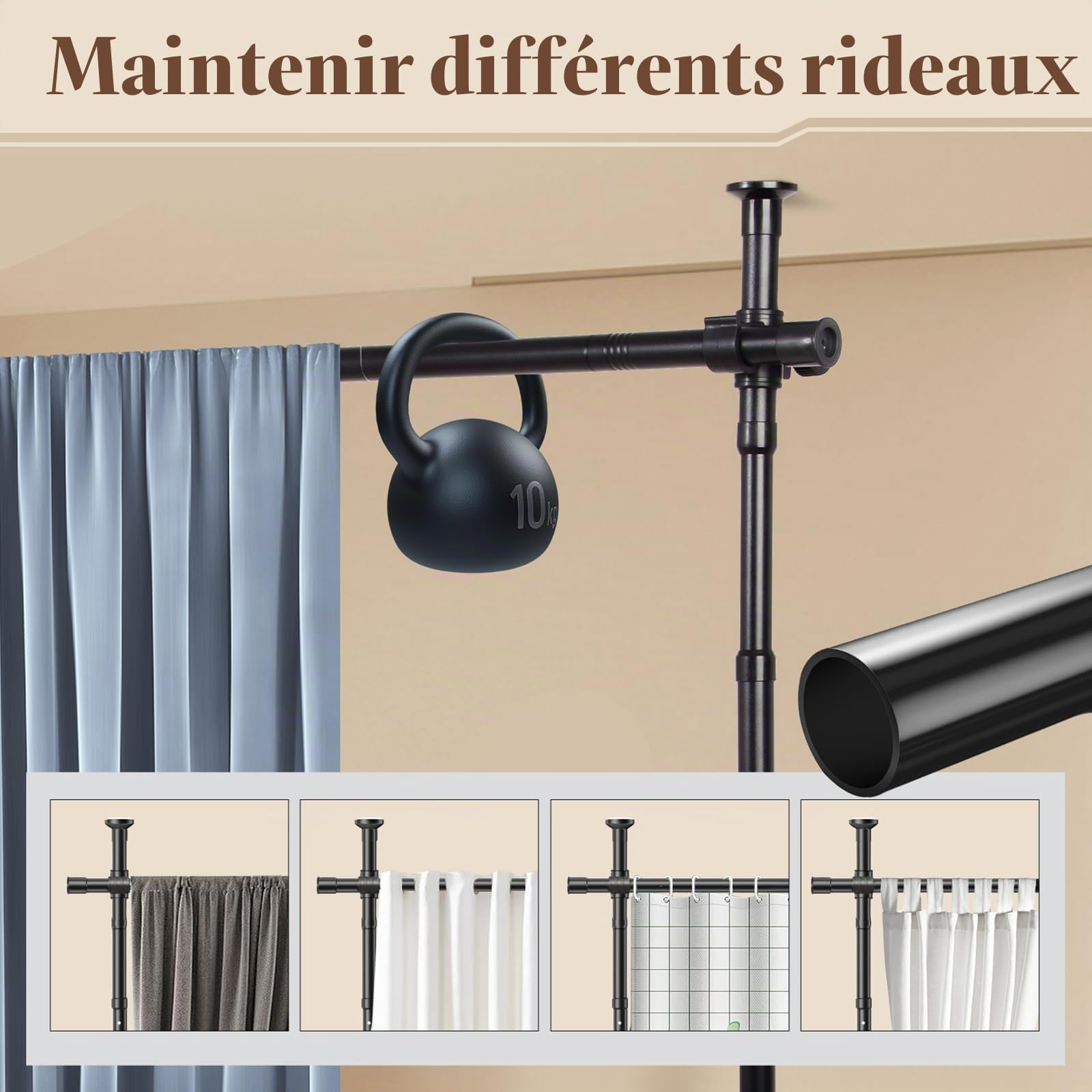Todeco Tringle à Rideaux sans Percage Tringle de séparation de pièce Noir