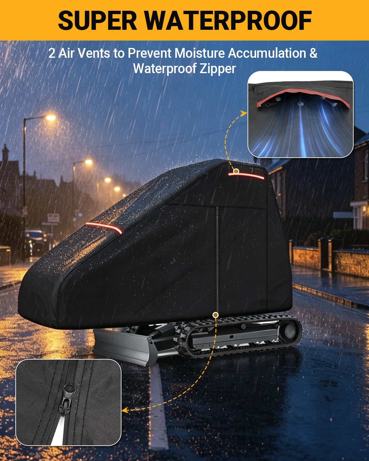 Bâche pour Micro-Pelle et Pelleteuse Housse Extérieur pour Mini Pelle avec Fermeture Étanche et Bande Réfléchissante Fermoir Coupe Vent Protection Contre la Pluie et UV 355 x 114 x 190 cm
