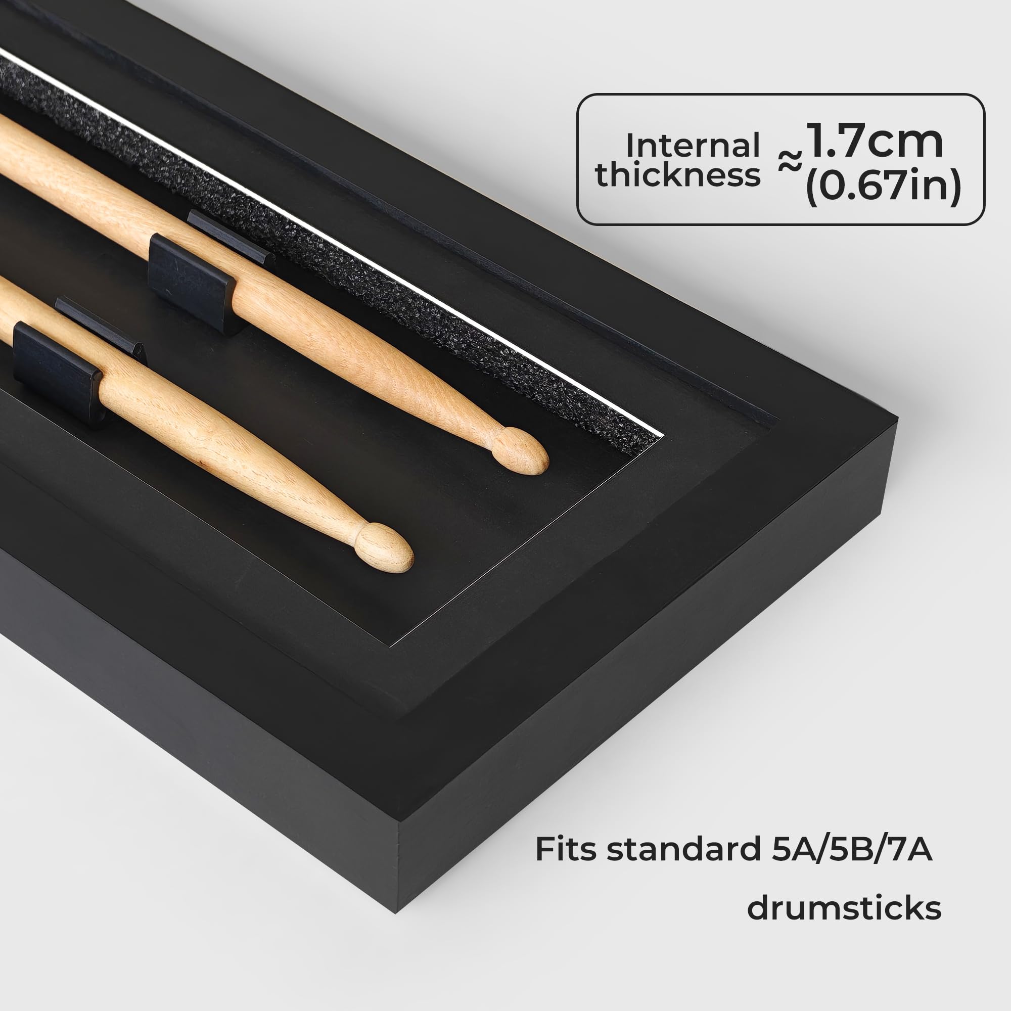 2 Stück Drumstick Vitrine Shadow Box Kiefernholzrahmen 50,8 x 17,5 x 3 cm | Transparente Acryl-Frontplatte, 1,7 cm Innentiefe für 5A/5B/7A-Sticks, Wandhaken im Lieferumfang enthalten, hält ein Paar