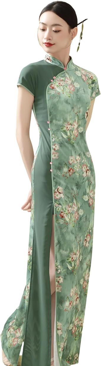 ROYAL SMEELA Floral Print Long Qipao Womens Dress Modern Chinese Maxi Cheongsam High Slit Short Sleeve Traditional Collar