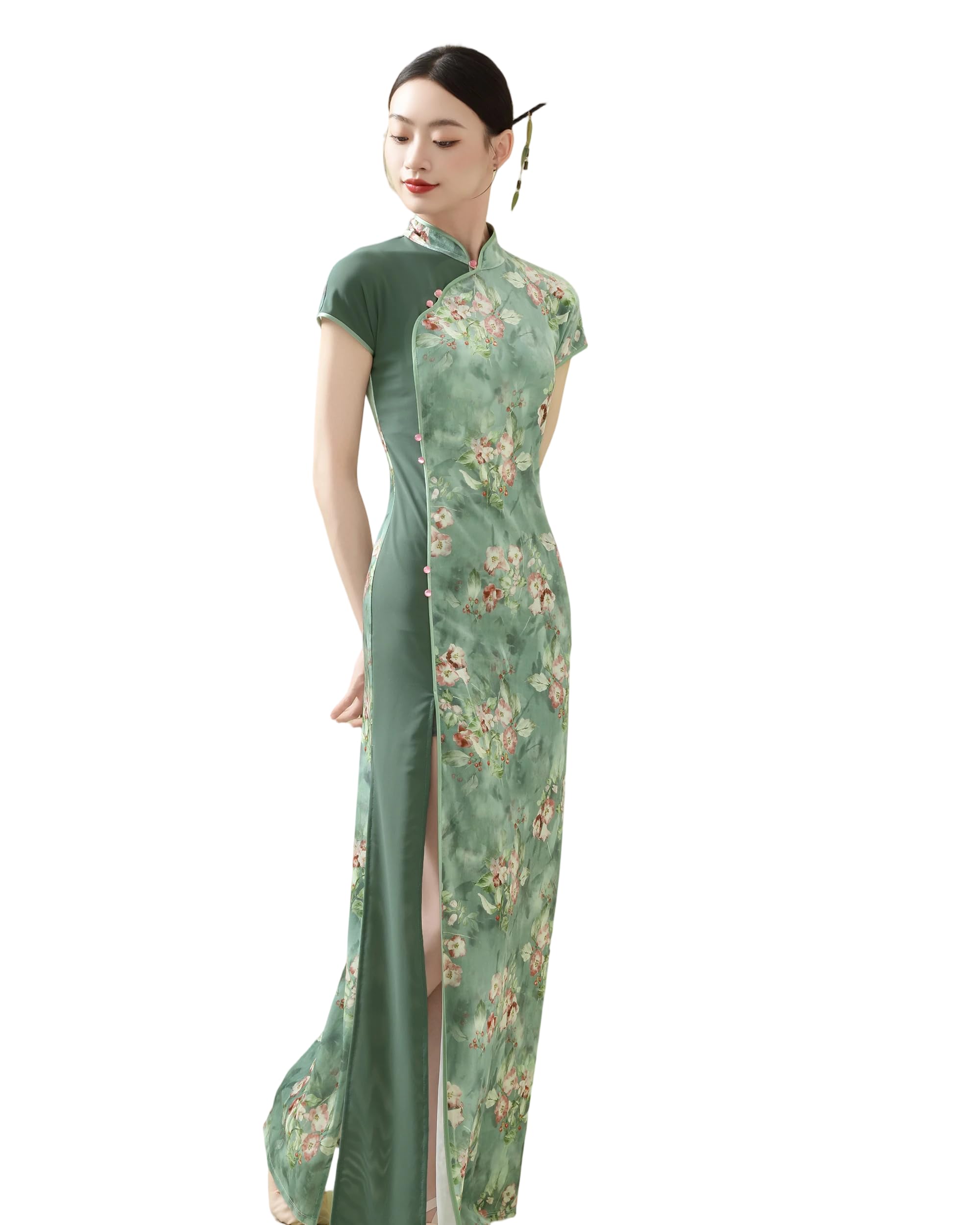 ROYAL SMEELA Robe Cheongsam Longue Femme en Velours,Qipao Chinoise avec Col Mandarin et Manches Courtes