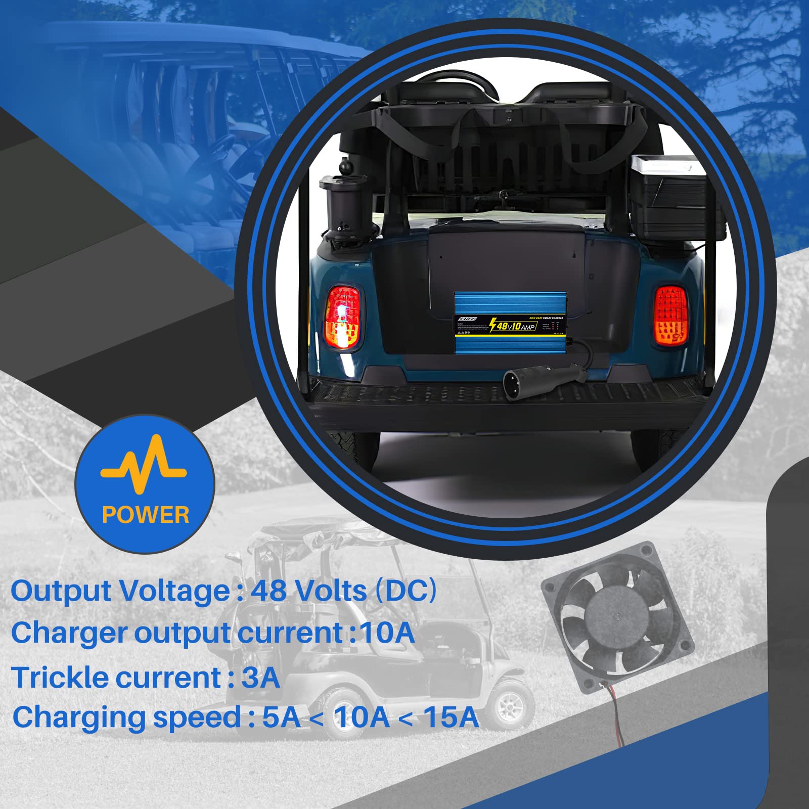 Upgraded 48 Volt Golf Cart Battery Charger for Culb Car, 10 Amp Smarter Charger with Trickle Charge, 48V Club Car DS Battery Charger-3 Pin Round Plug, 10A Golf Cart Charger