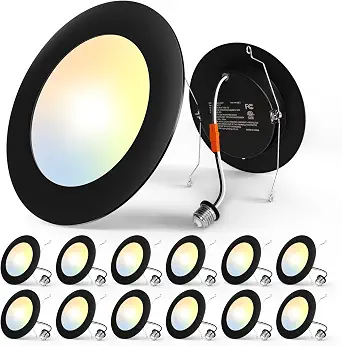  Recessed Lighting 5/6 Inch, 12 Pack 5CCT Flat LED Can Lights, Black | Flat Trim, Dimmable, 12W=110W, 1050LM, 2700K/3000K/4000K/5000K/6000K Selectable, Easy Install, IC & Damp Rated, ETL & FCC