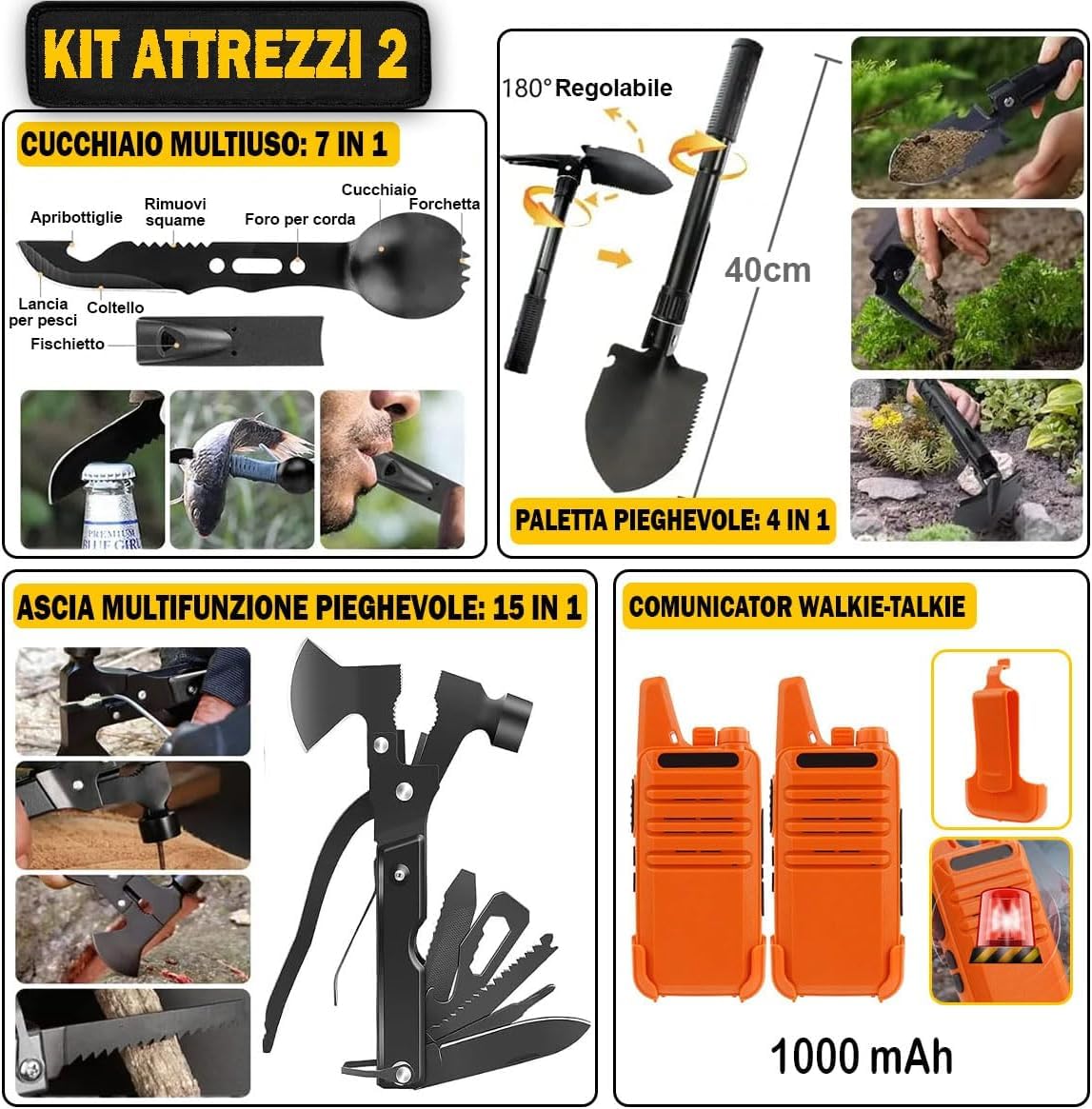 Kit di Sopravvivenza Avanzato – Kit di Emergenza con 20 Strumenti Multifunzione e Più di 60 Articoli di Primo Soccorso – Estremamente Completo – Pratico - Leggero