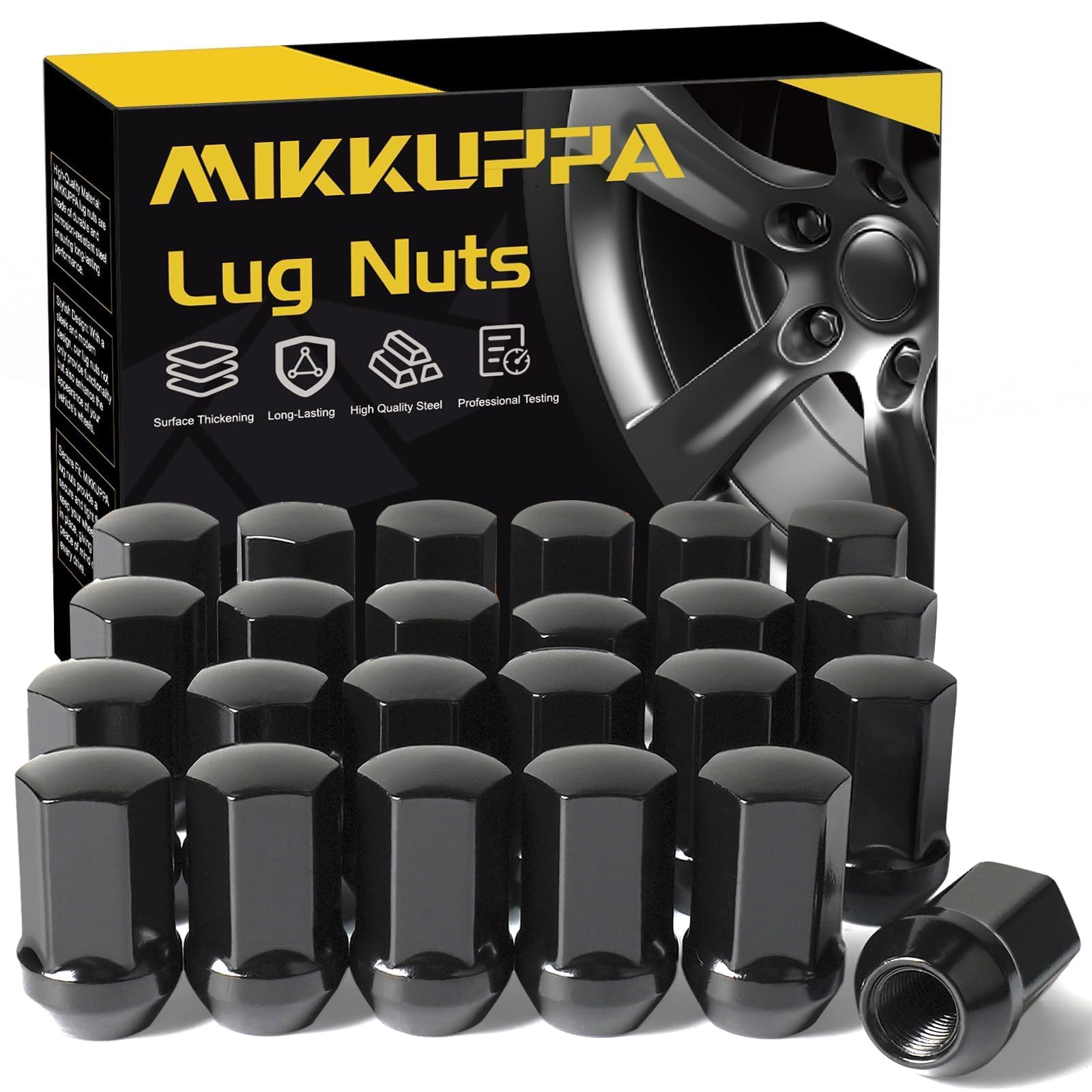 MIKKUPPA 24pcs M14x1.5 Lug Nuts - Replacement for 1999-2024 Chevy Silverado 1500, 2012-2024 Chevy Suburban, 2000-2024 GMC Yukon, 2012-2024 Ram 1500, 7/8" Hex Black Closed End OEM Lug Nuts