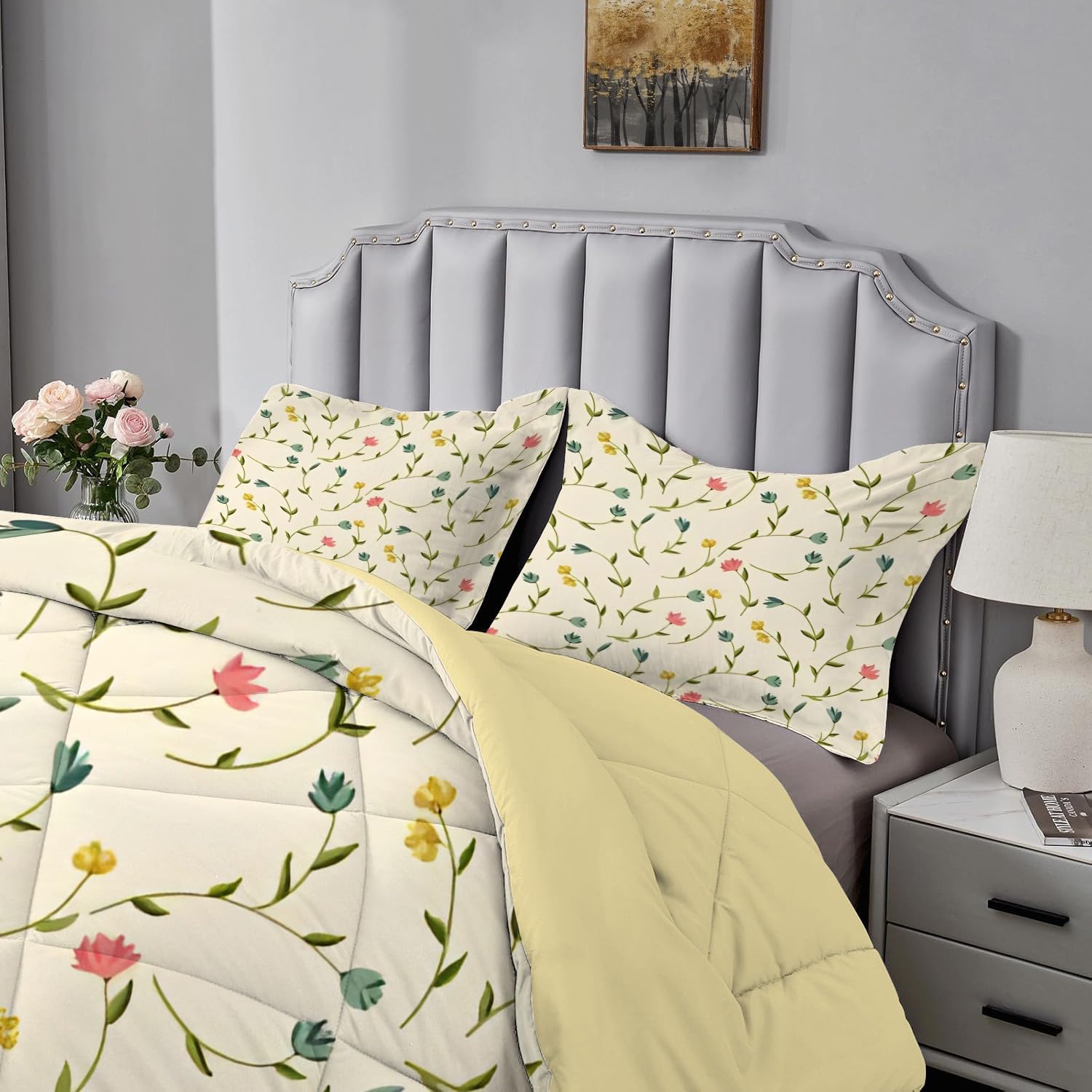 Qiwagu Light Brown Duvet Double, Coverless Duvet 7.5 Tog with Floral Pattern, Soft Lightweight Comforter Set for Autumn Summer, 1 Quilt Double 200x200cm with 2 Pillowcases, Machine Washable