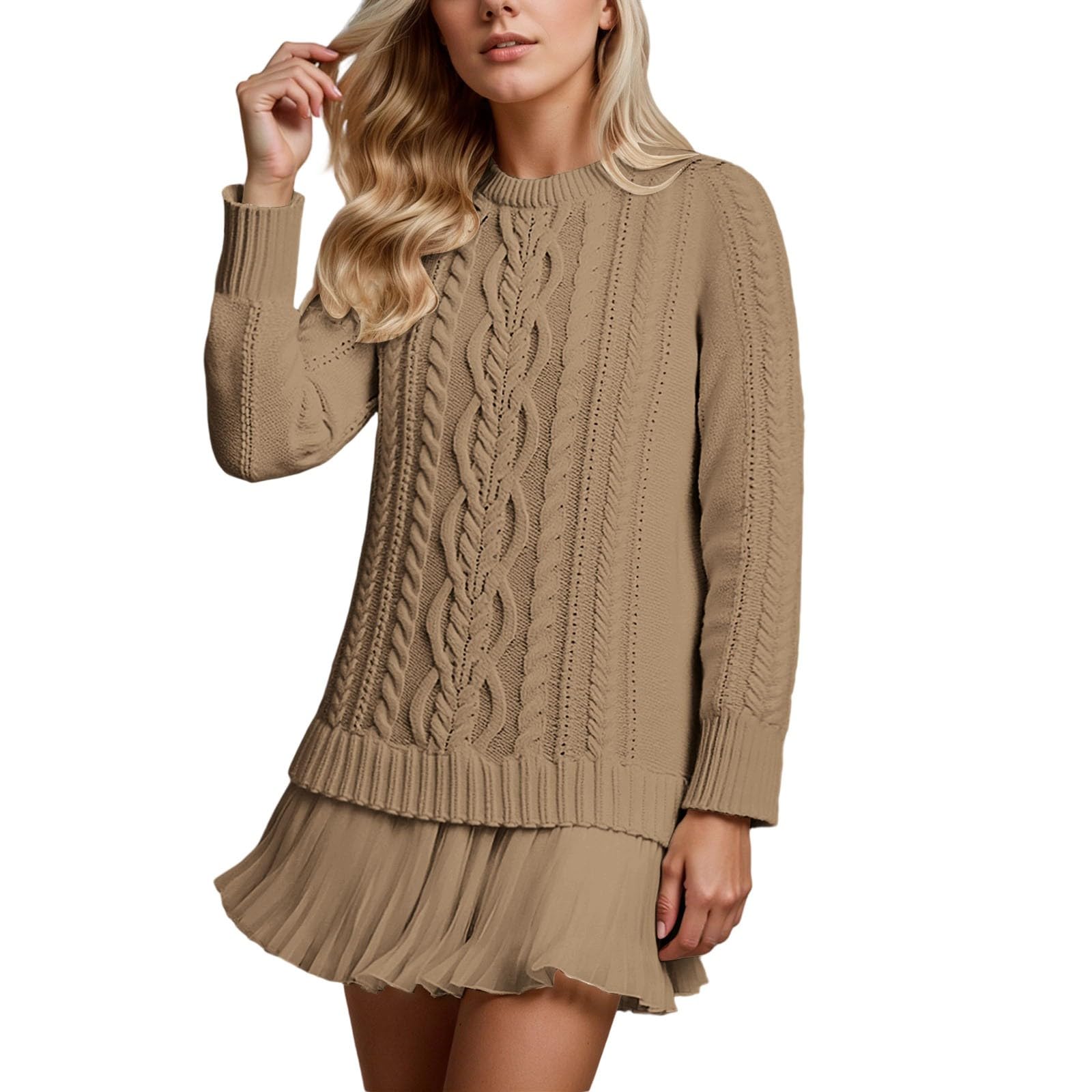 Women Cable Knit Sweater Dress Crewneck Long Sleeve Crewneck Pleated Mini Dress Twofer Style Patchwork Dress