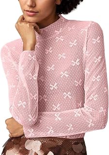 Camiseta de manga larga de malla con purpurina elegante para mujer, parte superior de encaje transparente, cuello alto transparente, bordado floral, camisa de malla transparente