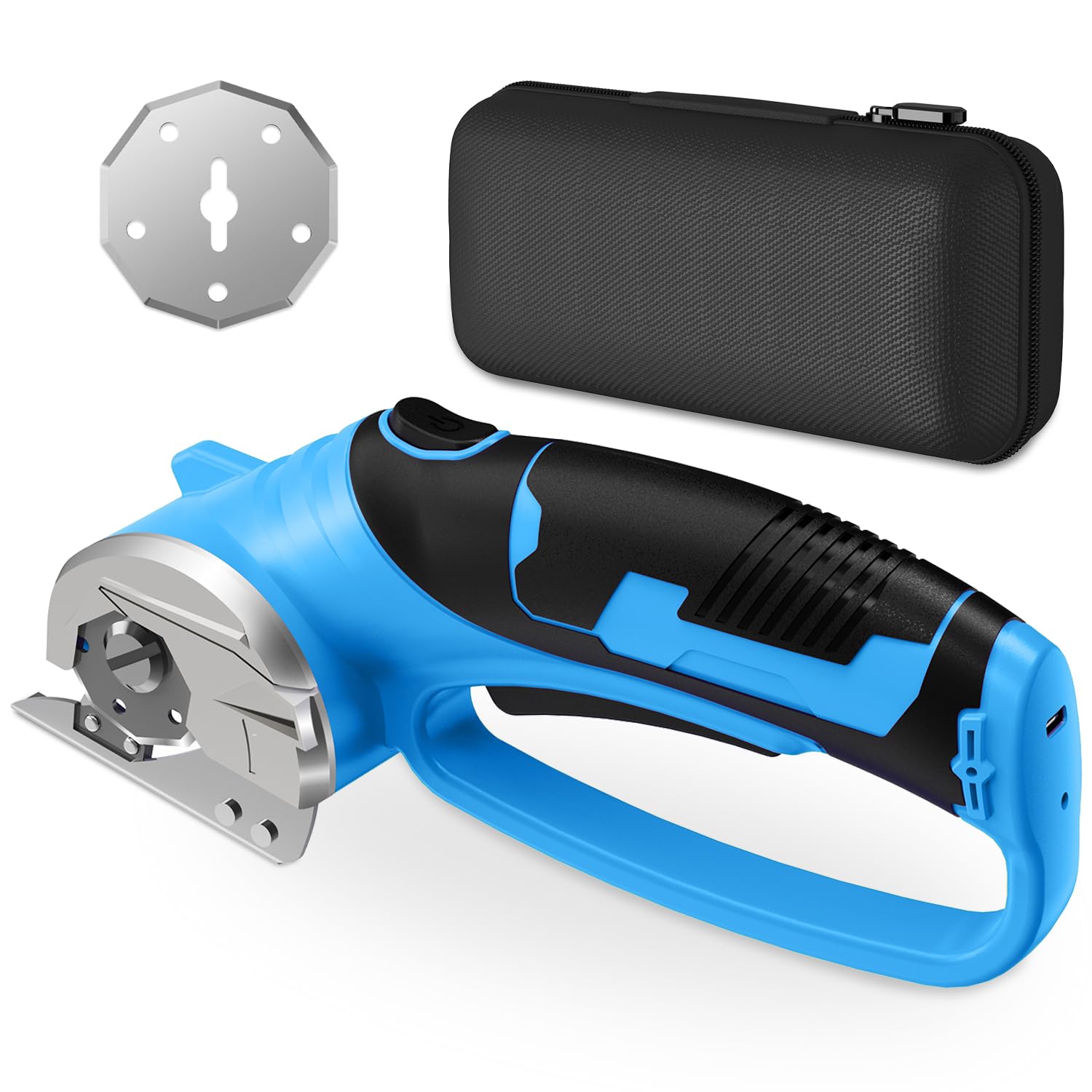 Cordless Electric Scissors, 4V Rechargeable Box Cutter &amp; Cardboard Cutter with LED Light, Safety Lock - Rotary Cutter for Fabric, Leather, Carpet, Plastic, Crafting, Sewing with Storage Box (Blue)