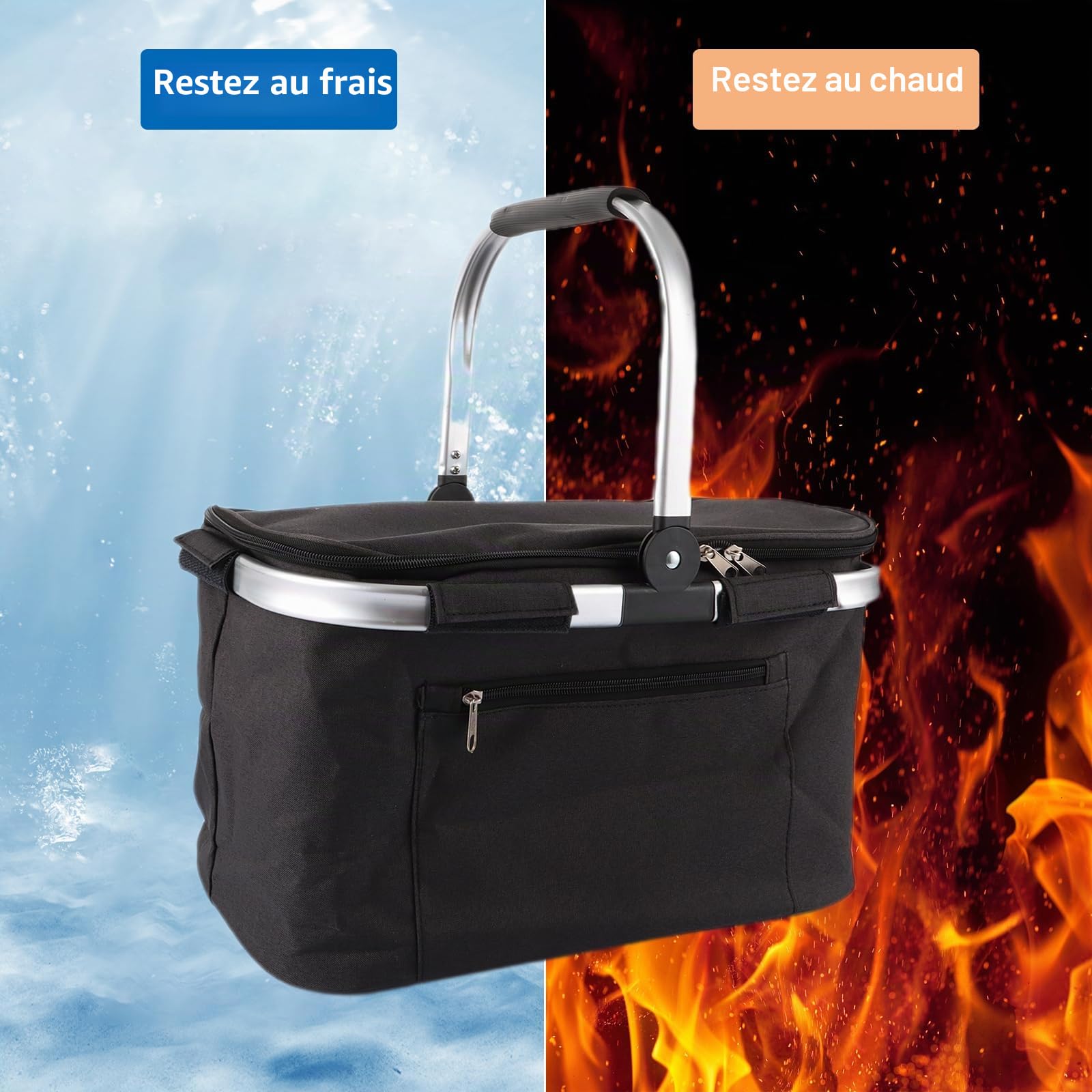 Panier Pique Nique Pliable, 34L Sac Isotherme Courses, Noir Panier Picnic pour Le Pique-Nique, Les Voyages