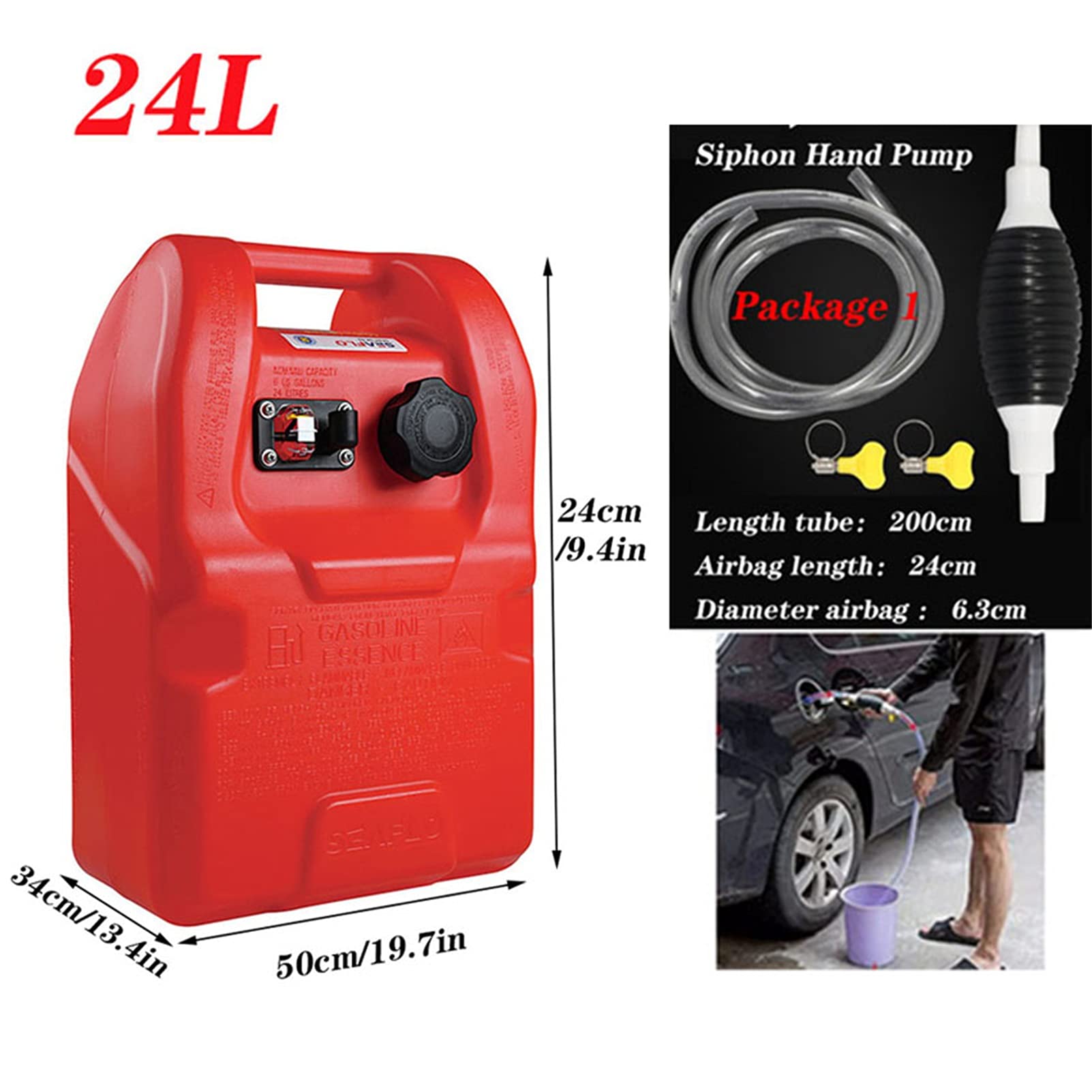 Recipientes para gasolina Bidón de gasolina de 24 l para almacenamiento de combustible, recipiente de aceite diesel, recipiente con pico vertedor para gasolina y diésel, bomba manual de sifón (rojo)
