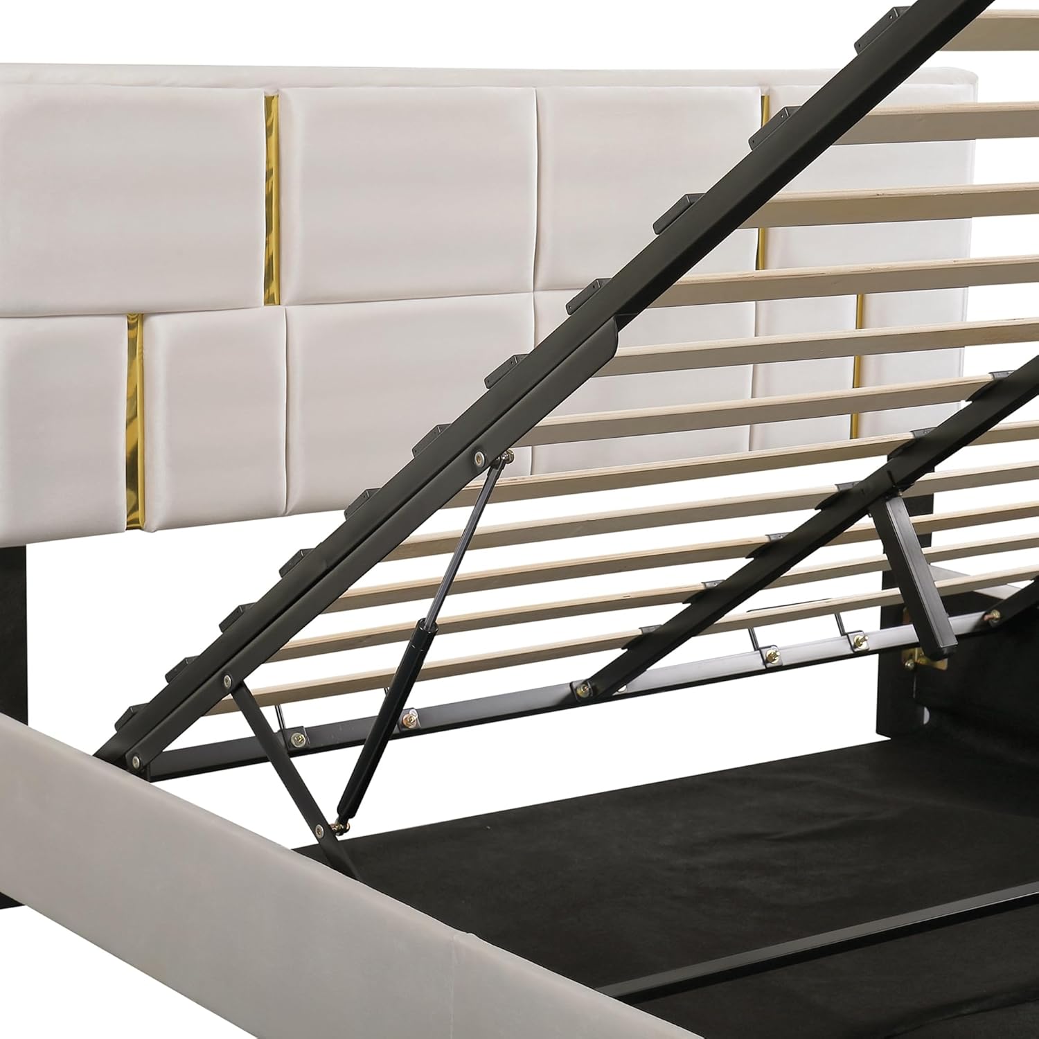 Close-up of the hydraulic lift mechanism on the Polibi bed frame.
