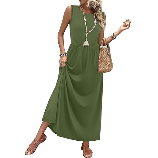 WIHOLL Summer Dresses for Women 2026 Maxi Dresses Long Flowy A Line Sleeveless Sundresses with Pockets
