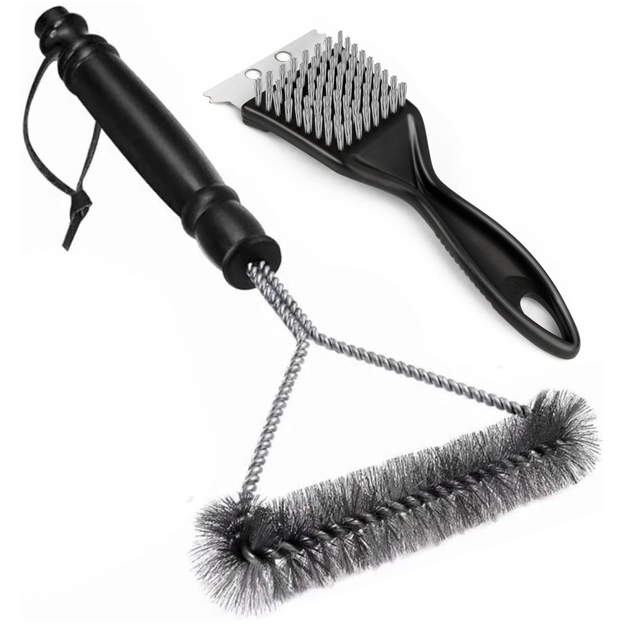 BBQ Cleaner, 2-Pack Metal BBQ Grill Cleaning Brushes with Scraper, 12" & 8" Stainless Steel Barbecue Bristle 2-in-1 Brush Set for Grill, Oven & Kitchen