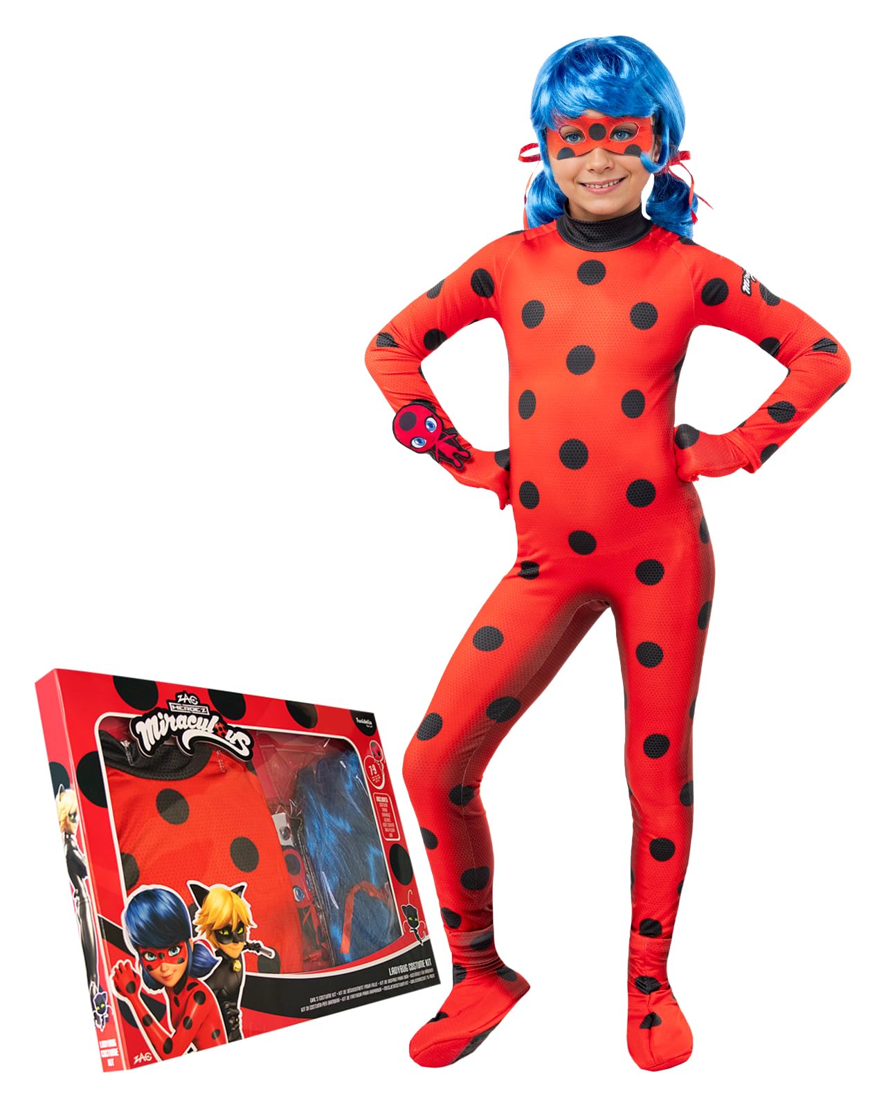 Funidelia Official Ladybug Costume for Girls with jumpsuit, wig, mask, earrings and plush, Miraculous Outfit for Children, Carnival, Halloween and Party Costumes - Size 3-4 years