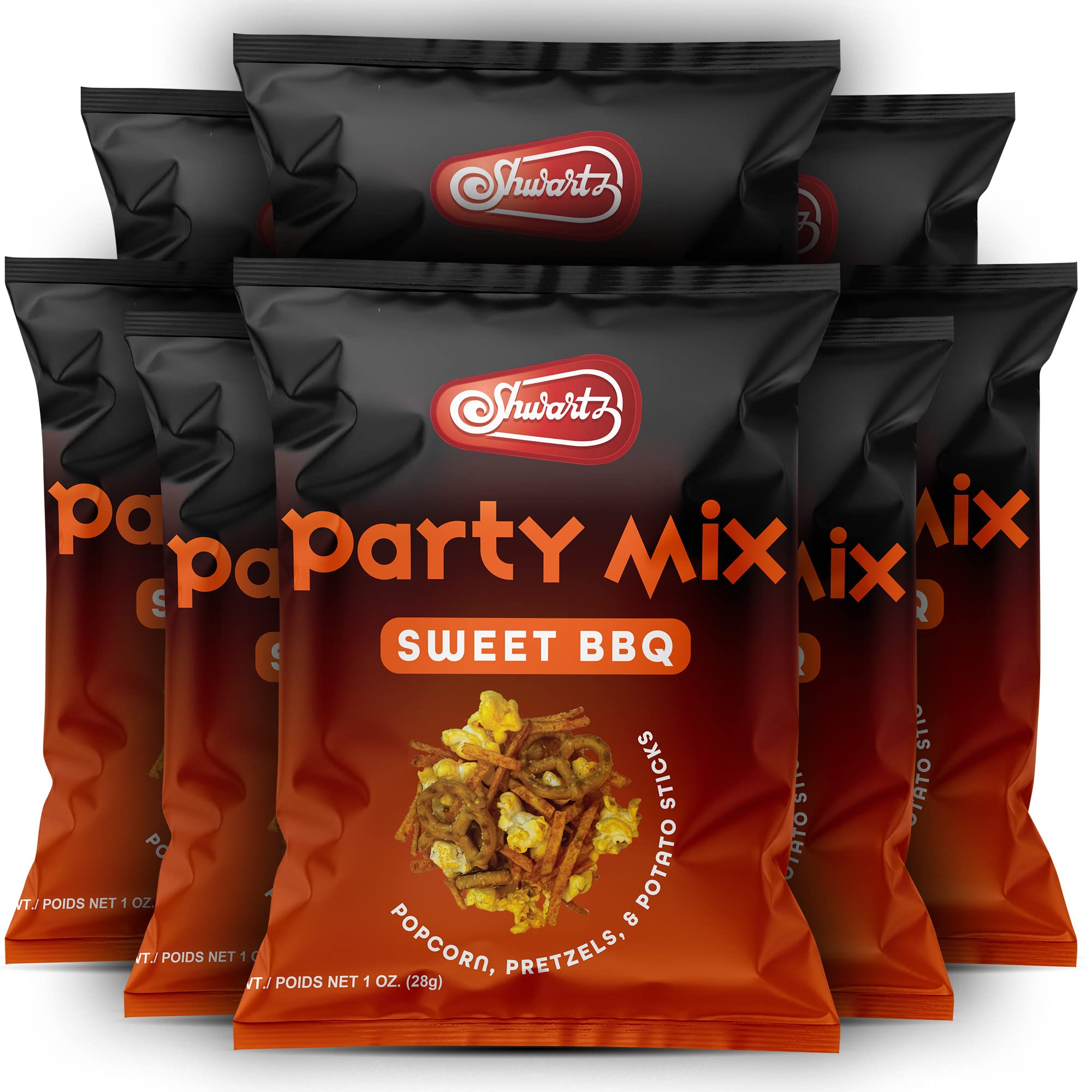 Shwartz snack mix Sweet BBQ Flavored Party Mix, pub mix, | Popcorn, Pretzels, And Potato Sticks | Gourmet Savory And Salty Snack, Total Of 8 Bags.