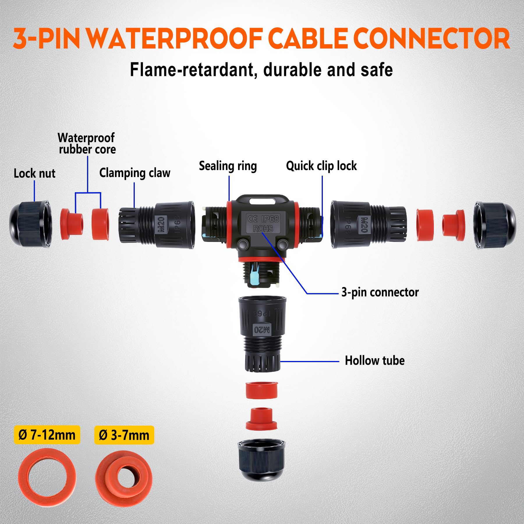 6 Piezas Conectores de Cable IP68 Impermeables, para Diámetro de Cable Ø3-12 mm, 3 Pines Empalmes Cables Electricos, Conexión rápida