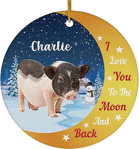 Love You to The Moon and Back - Mini cerdo personalizado con nombre personalizado, adornos de Navidad, círculo blanco de cerámica 2024, regalos para
