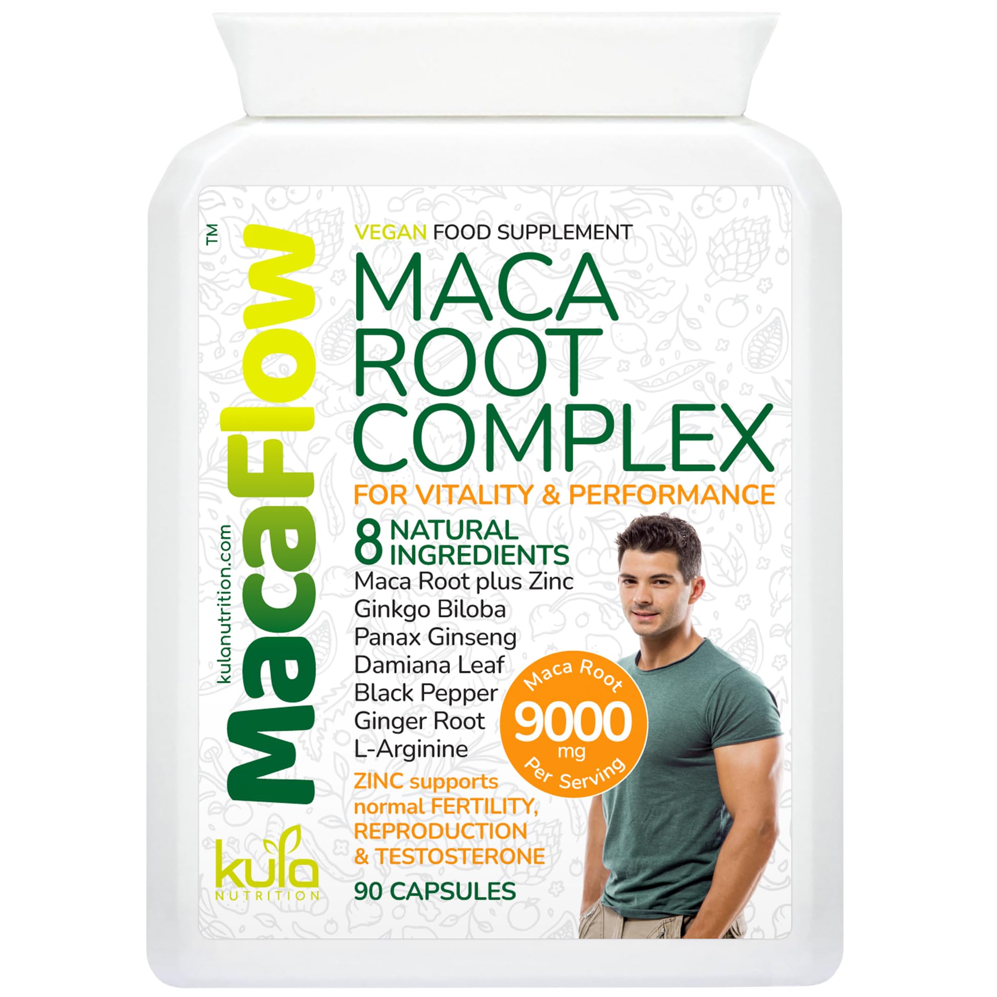 MacaFlow - Maca Root Complex for Men - High Strength 9000mg with Ginkgo Biloba, Panax Ginseng, L-Arginine, Damiana Leaf Extract, Black Pepper and Zinc for Normal Fertility - 90 Capsules (Not Tablets)