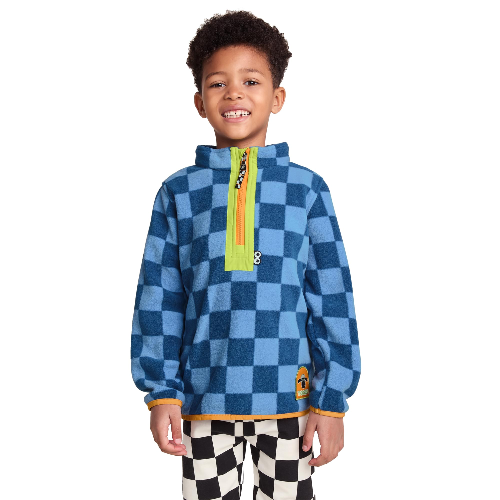 Tog24 Unisex Kids Bluebell/Night Blue Checkerboard Brecknock Kids' Quarter Zip Fleece X Shaun The Sheep Collection Checkerboard Microfleece With Googly Eyes & Cosy Elasticated Cuffs Pullover