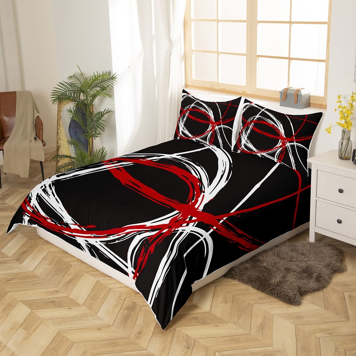 Loussiesd Red and Gray Black White Bedding Duvet Cover Set Kids Modern Abstract Geometric Bedding Set Women Men Trippy Swirl Decor Comforter Cover Set Microfiber Stripe Line Bedroom Double Size - Image 3