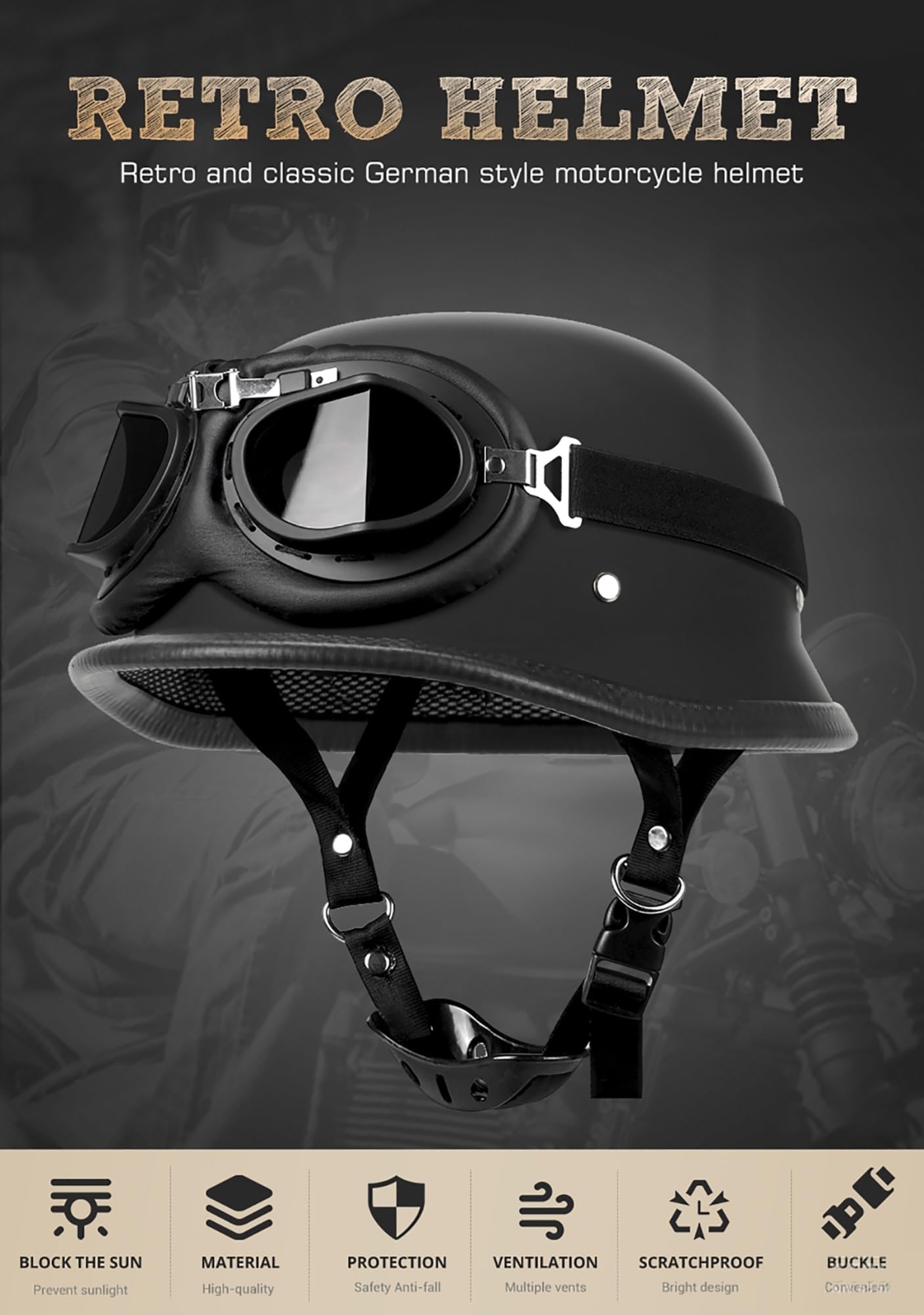 EBAYIN Casco Moto A Mezza Calotta Casco Mezzo Casco Vintage Stile Tedesco Casco Aperto con Occhiali Casco Pilota Ciclomotore Omologato DOT ECE Cruiser Chopper(Texture,M=(57~58cm))