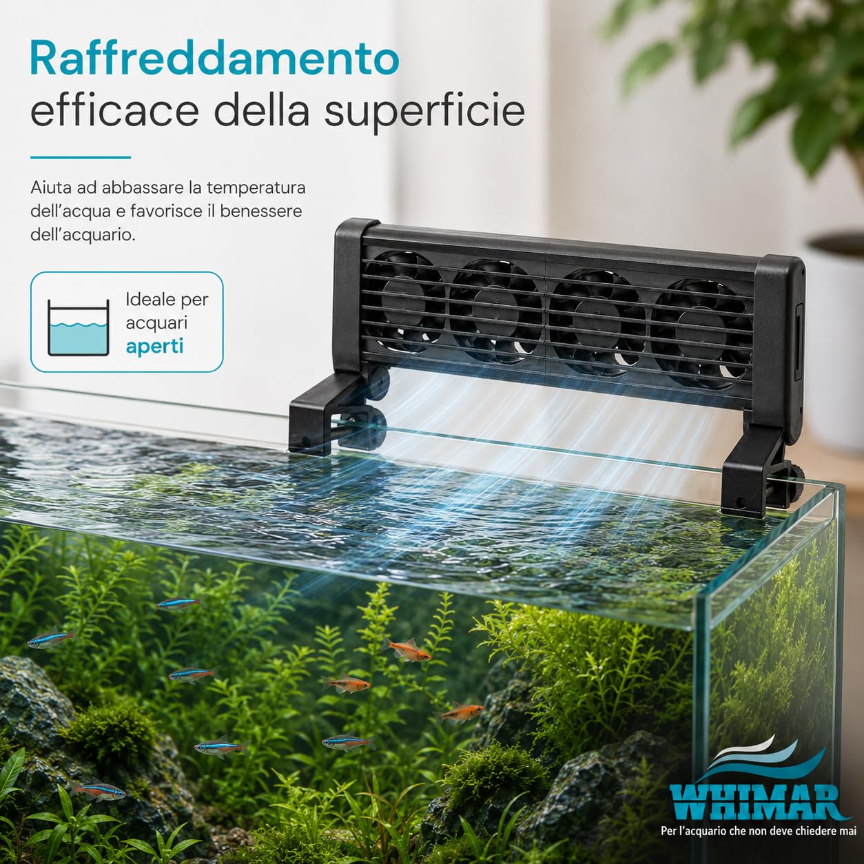 Whimar MultiFan 4 Ventole di Raffreddamento per Acquario, Sistema 12V a 4 Ventole, Basso Consumo 3,8W, Silenzioso <40 Db, per Acquari Aperti, Supporto per Vetro Fino a 20 mm