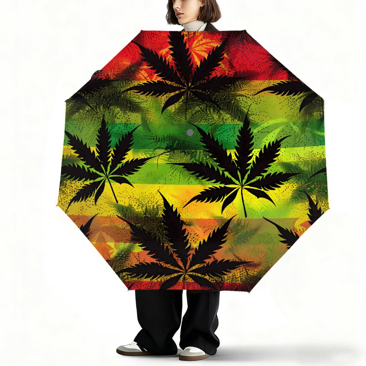 Ombrello pieghevole da viaggio Rasta con foglie di cannabis, compatto, antivento, impermeabile, con protezione UV, rivestimento nero, leggero, 8 costine, portatile, per pioggia e sole