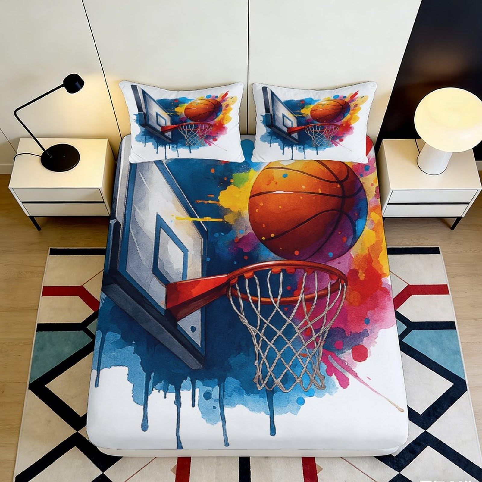 3D Printed Basketball Splash Fitted Sheet Microfiber Soft Colorful Hoop Bed Cover for Bedroom Dorm Mattress Protector 90x200x25cm