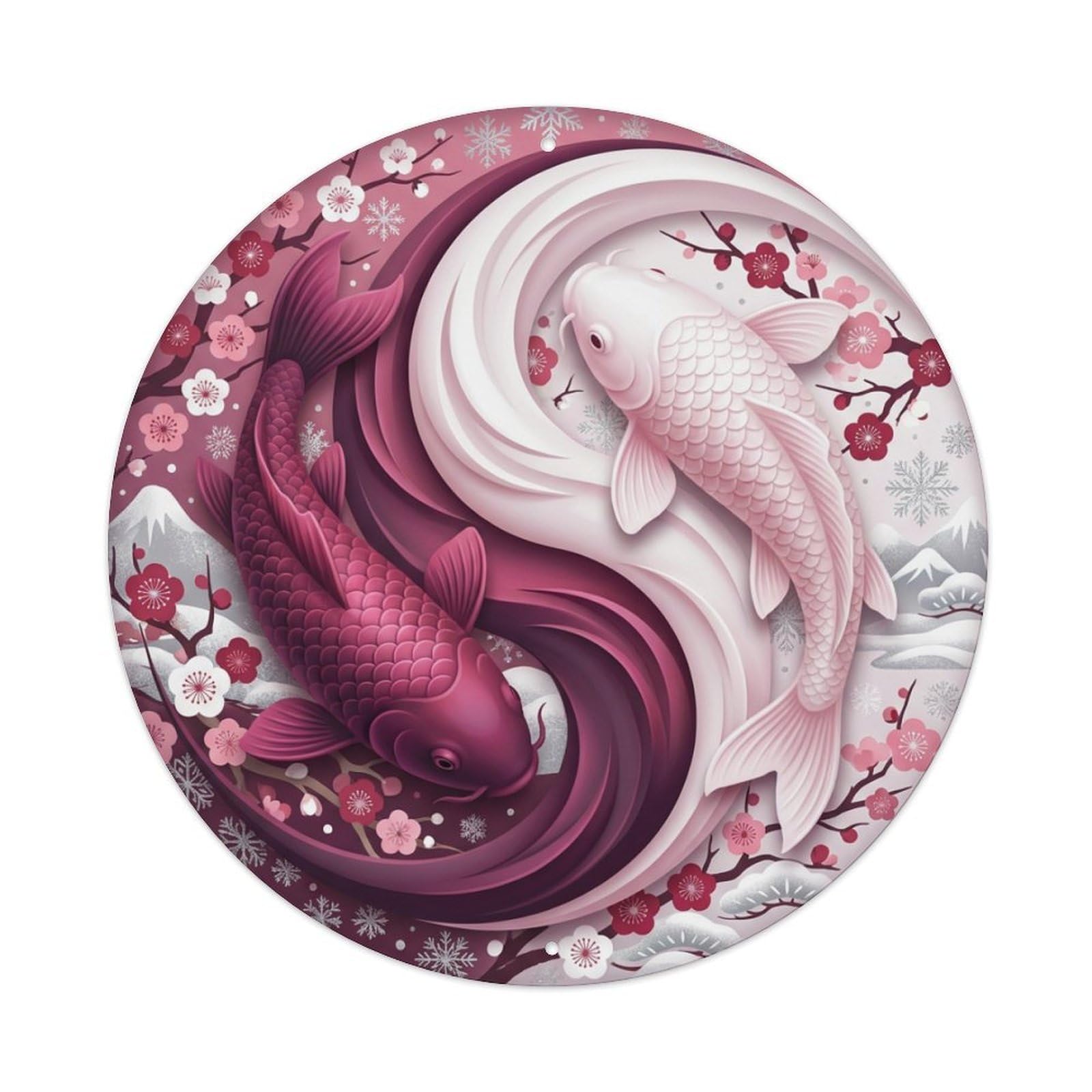 Metal Tin Sign Tai Chi Koi Fish Plum Blossom Art